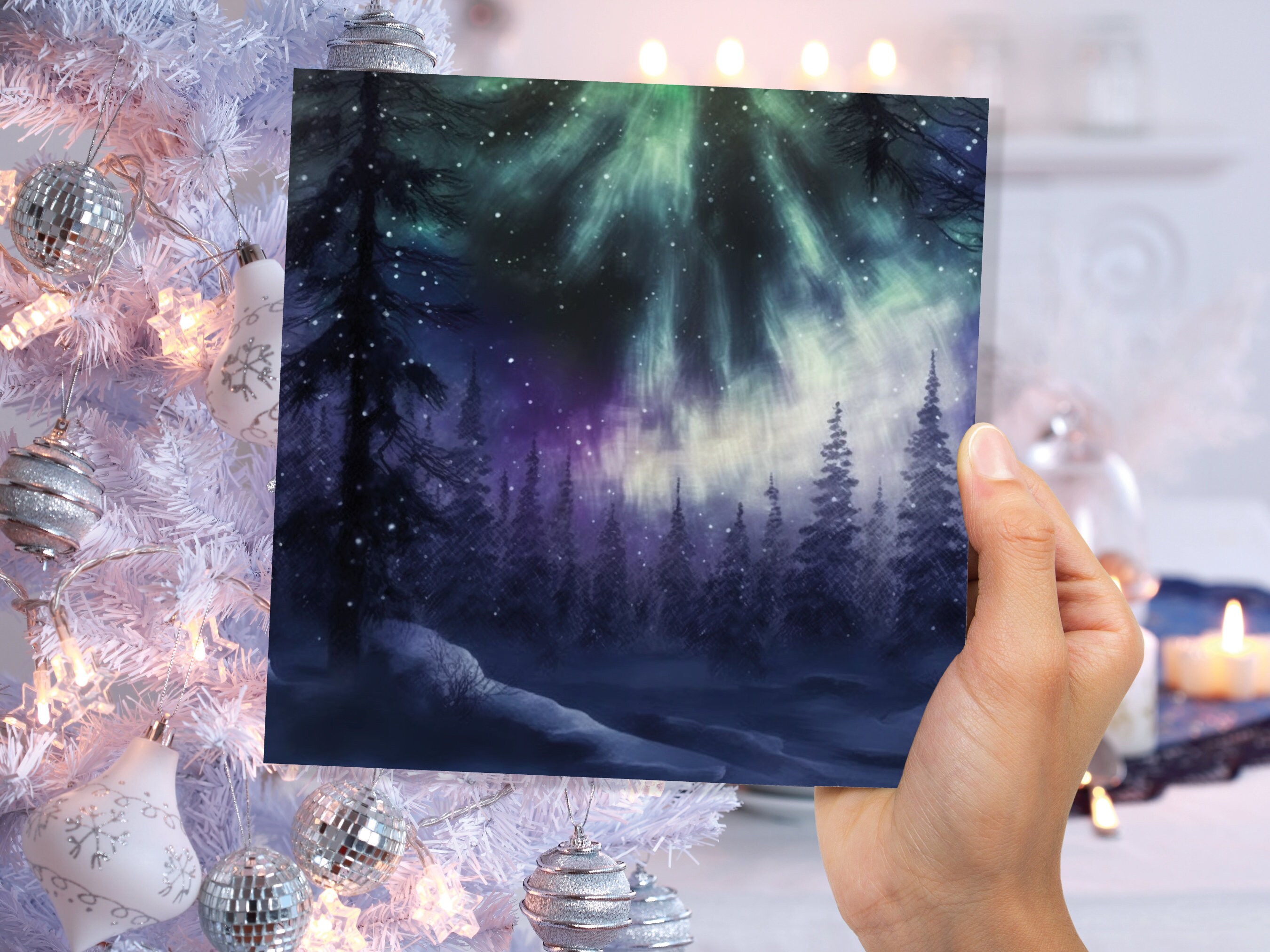 Magical Northern Lights Christmas Card Forest Snow Scene Snowy Woodland Green Blue Purple Aurora Borealis Xmas Cards For Family Friends 2022