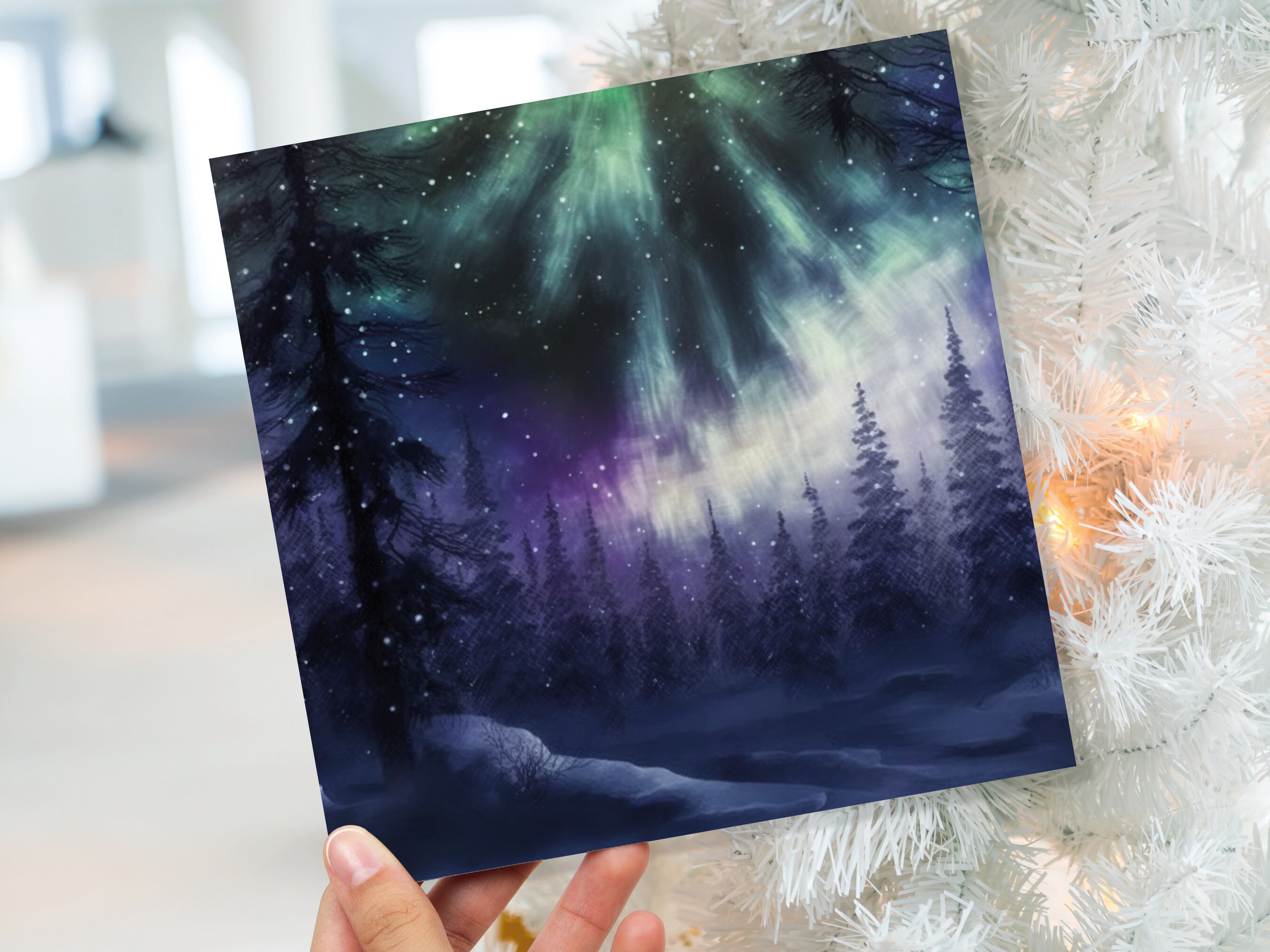 Magical Northern Lights Christmas Card Forest Snow Scene Snowy Woodland Green Blue Purple Aurora Borealis Xmas Cards For Family Friends 2022 - View 2