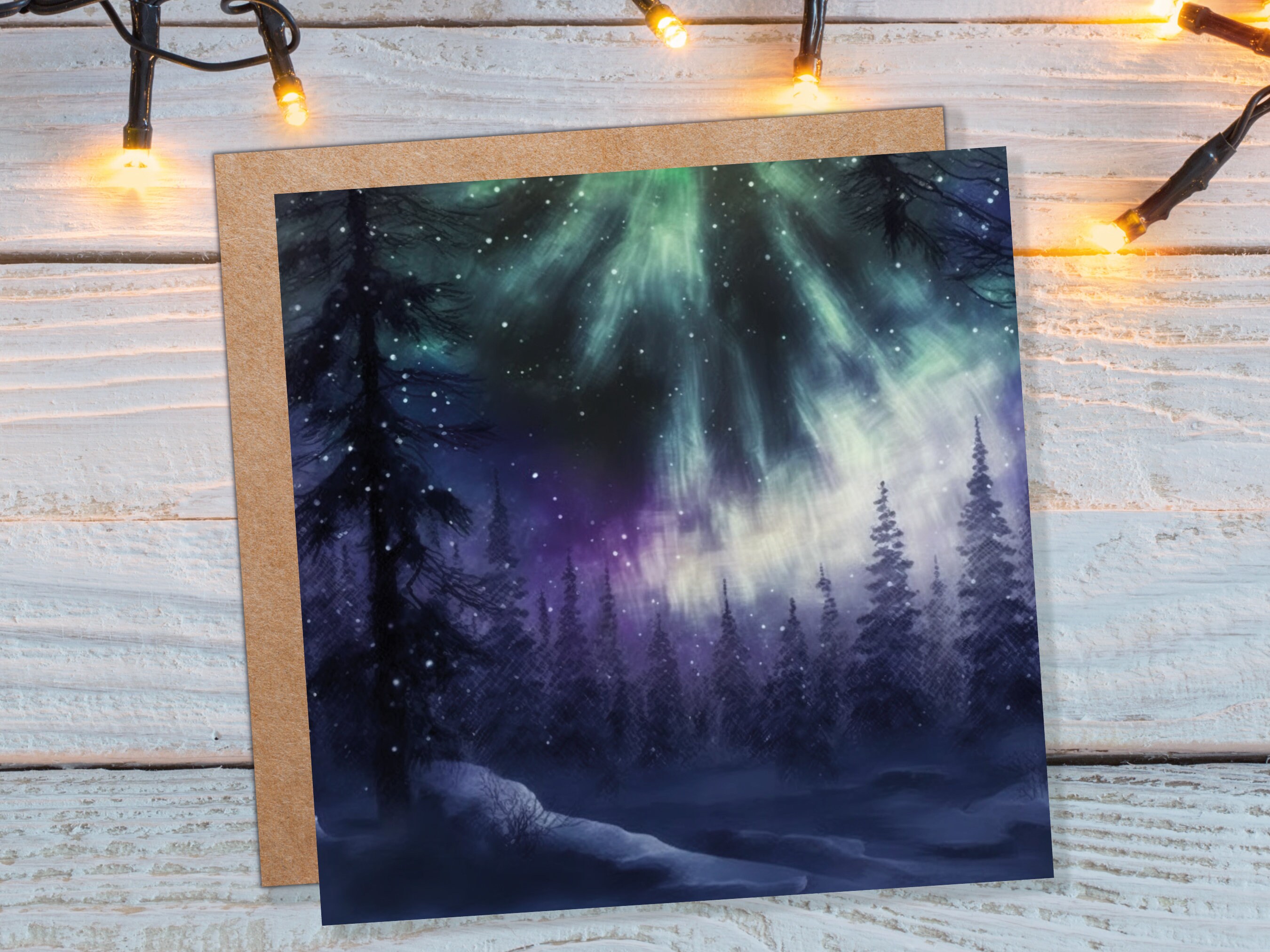 Magical Northern Lights Christmas Card Forest Snow Scene Snowy Woodland Green Blue Purple Aurora Borealis Xmas Cards For Family Friends 2022 - View 3