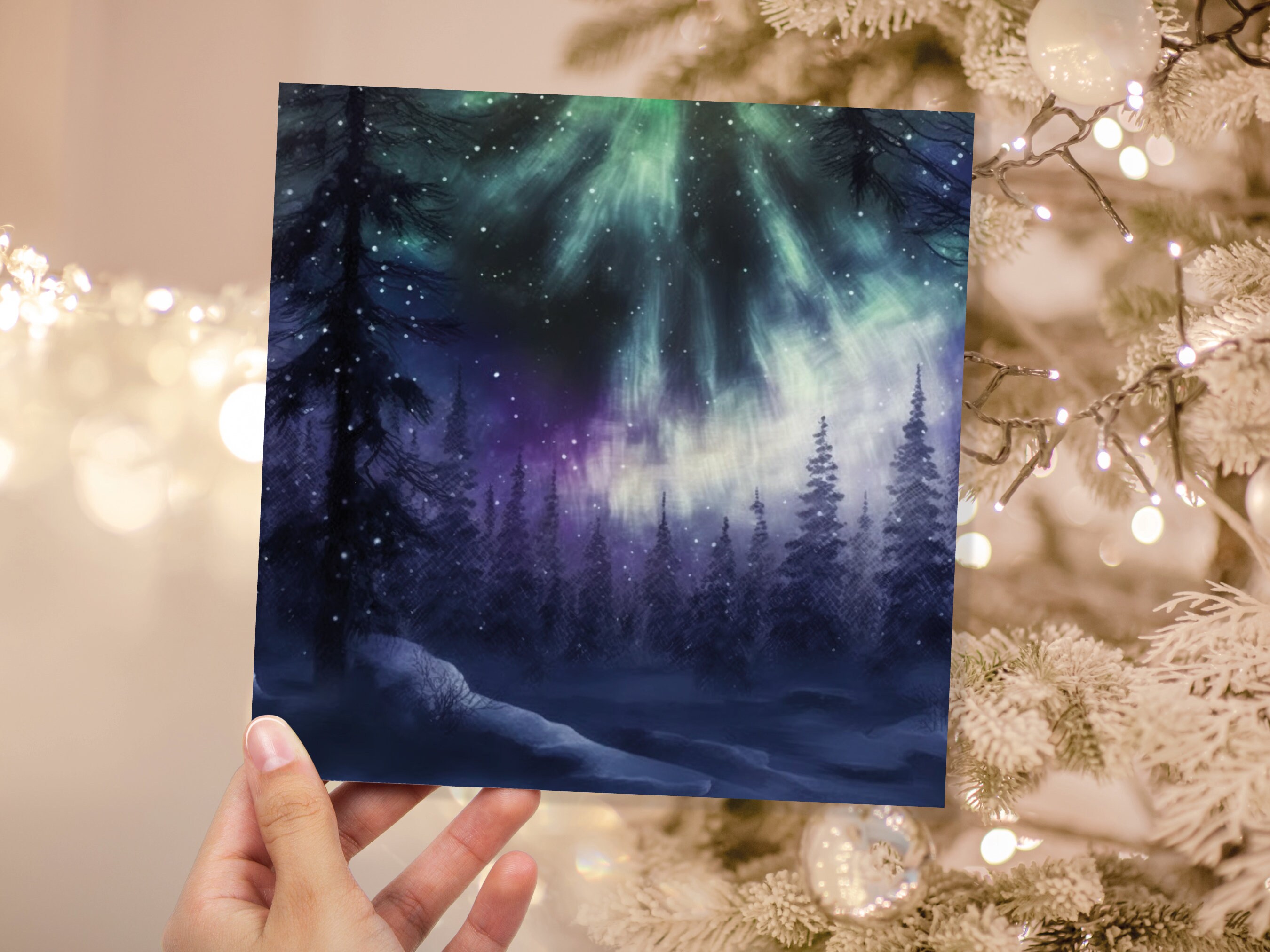 Magical Northern Lights Christmas Card Forest Snow Scene Snowy Woodland Green Blue Purple Aurora Borealis Xmas Cards For Family Friends 2022 - View 4