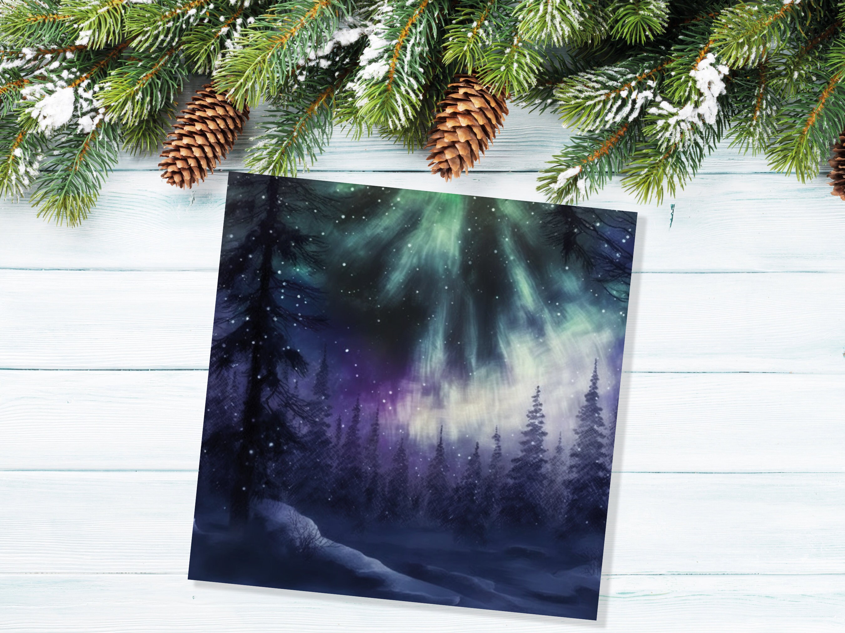 Magical Northern Lights Christmas Card Forest Snow Scene Snowy Woodland Green Blue Purple Aurora Borealis Xmas Cards For Family Friends 2022 - View 5