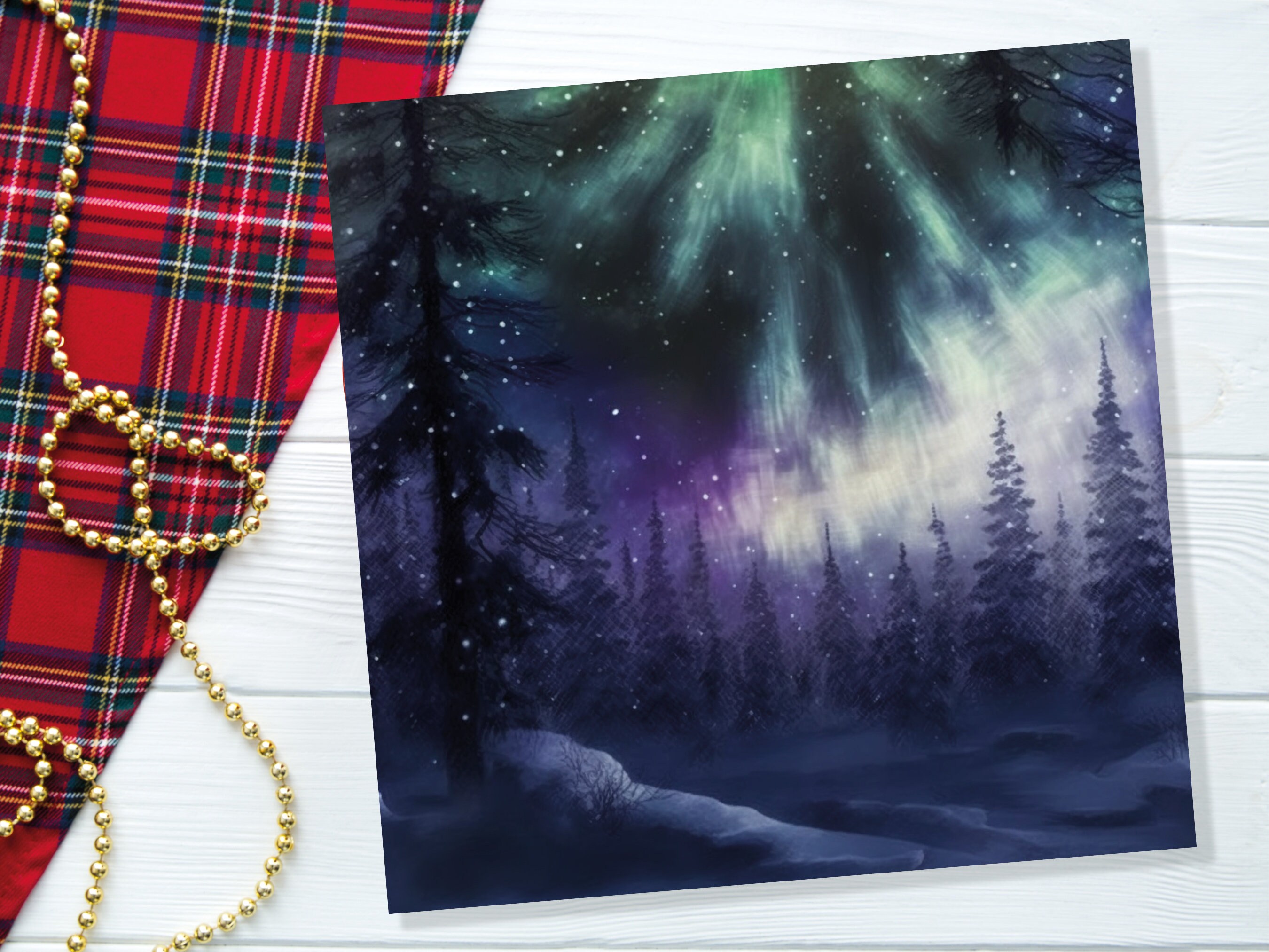 Magical Northern Lights Christmas Card Forest Snow Scene Snowy Woodland Green Blue Purple Aurora Borealis Xmas Cards For Family Friends 2022 - View 6