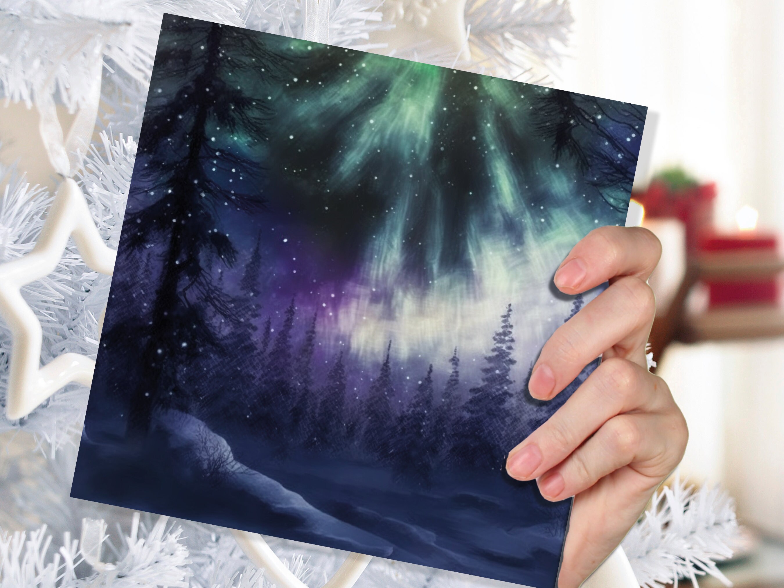 Magical Northern Lights Christmas Card Forest Snow Scene Snowy Woodland Green Blue Purple Aurora Borealis Xmas Cards For Family Friends 2022 - View 7