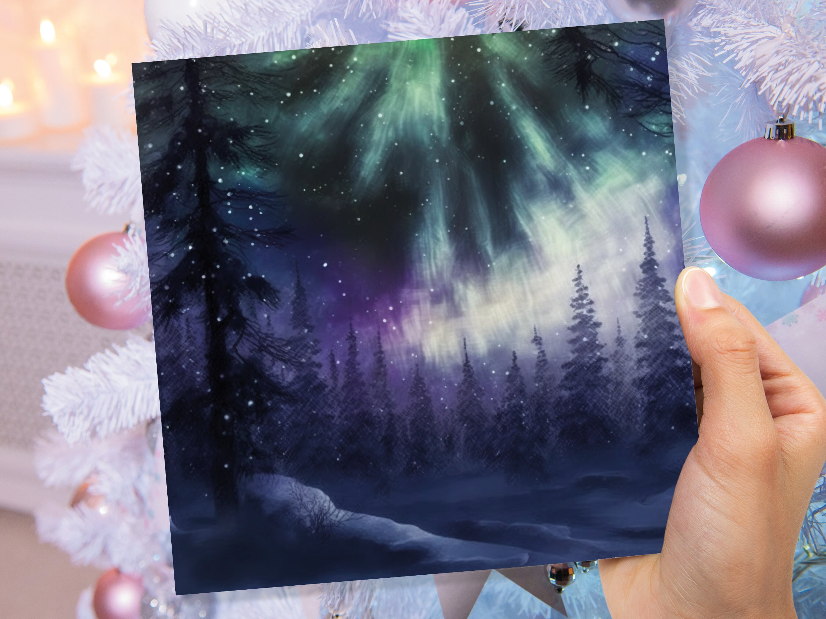 Magical Northern Lights Christmas Card Forest Snow Scene Snowy Woodland Green Blue Purple Aurora Borealis Xmas Cards For Family Friends 2022 - View 8