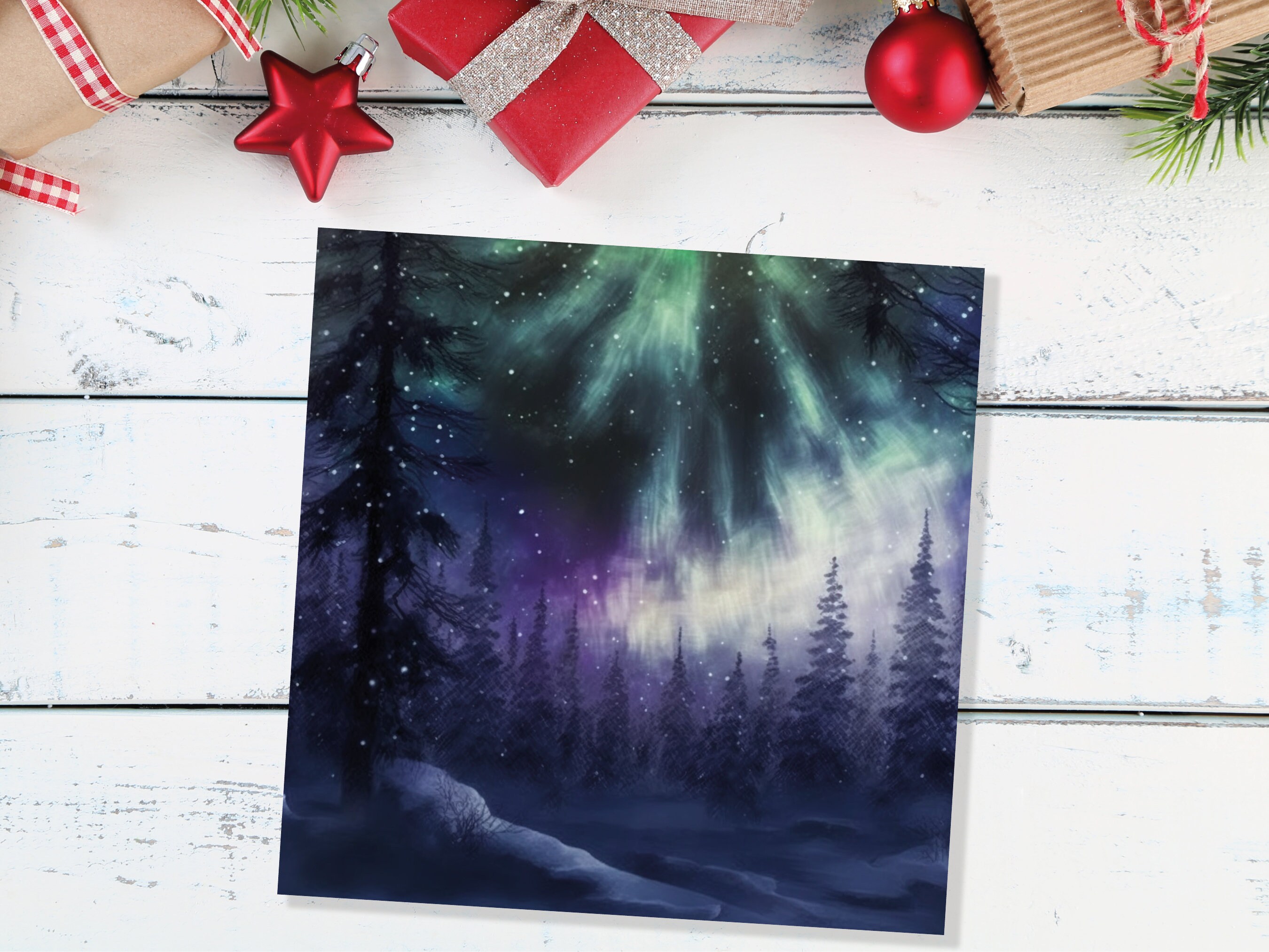 Magical Northern Lights Christmas Card Forest Snow Scene Snowy Woodland Green Blue Purple Aurora Borealis Xmas Cards For Family Friends 2022 - View 9