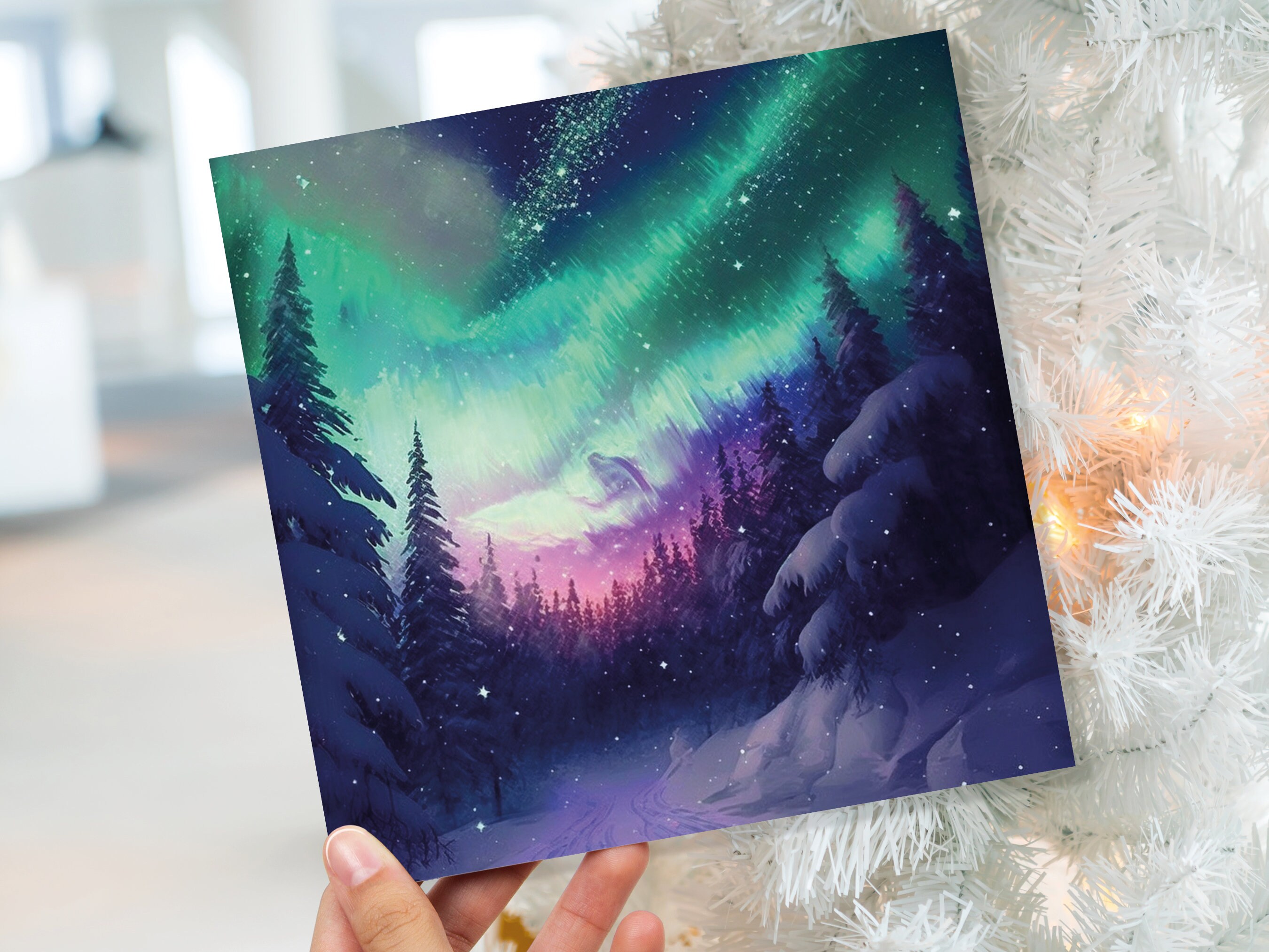 Northern Lights Christmas Cards Forest Snow Scene Stars Snowy Woodland Green Pink Purple Aurora Borealis Xmas Cards For Family Friends 2022