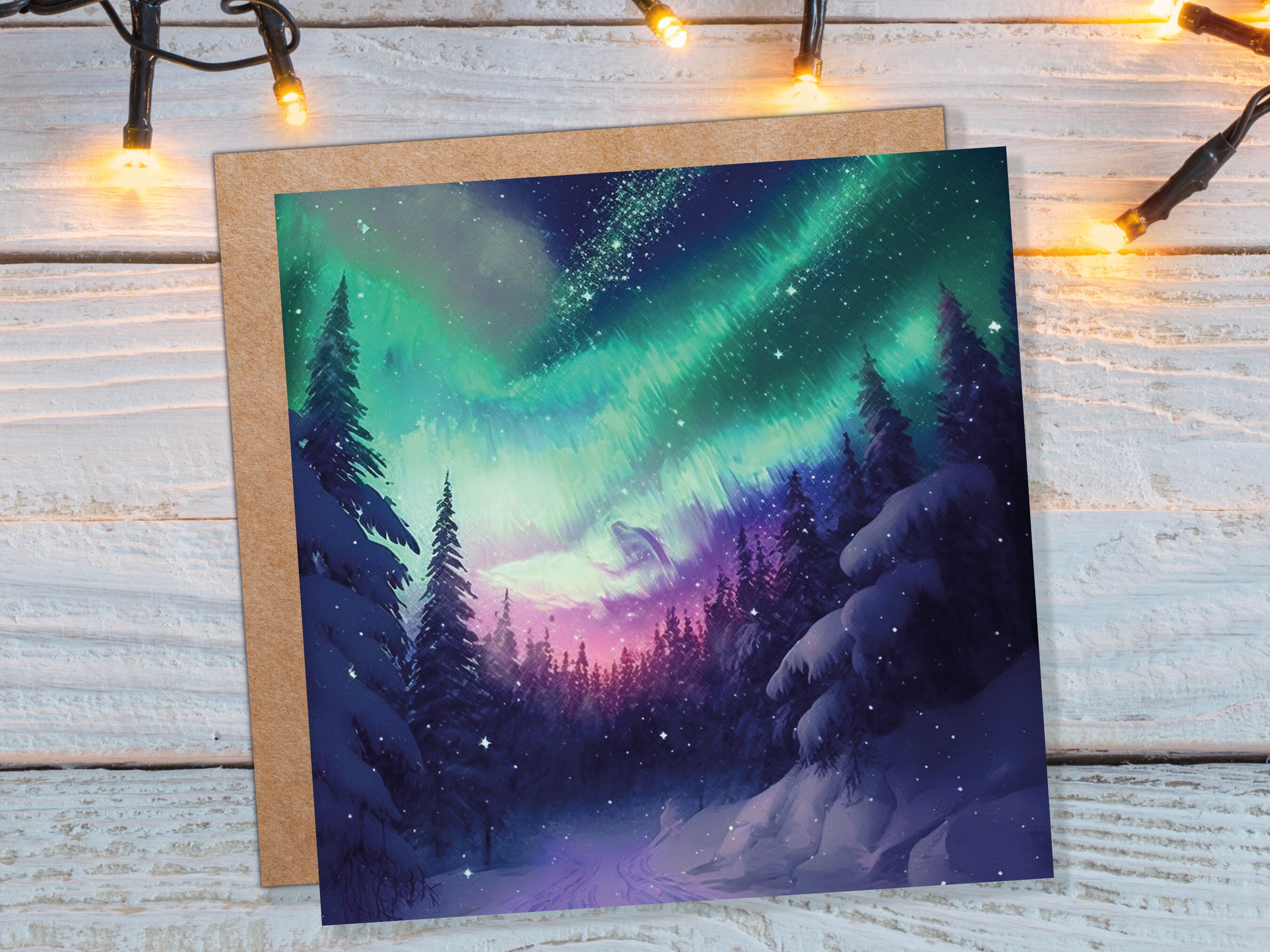 Northern Lights Christmas Cards Forest Snow Scene Stars Snowy Woodland Green Pink Purple Aurora Borealis Xmas Cards For Family Friends 2022 - View 2