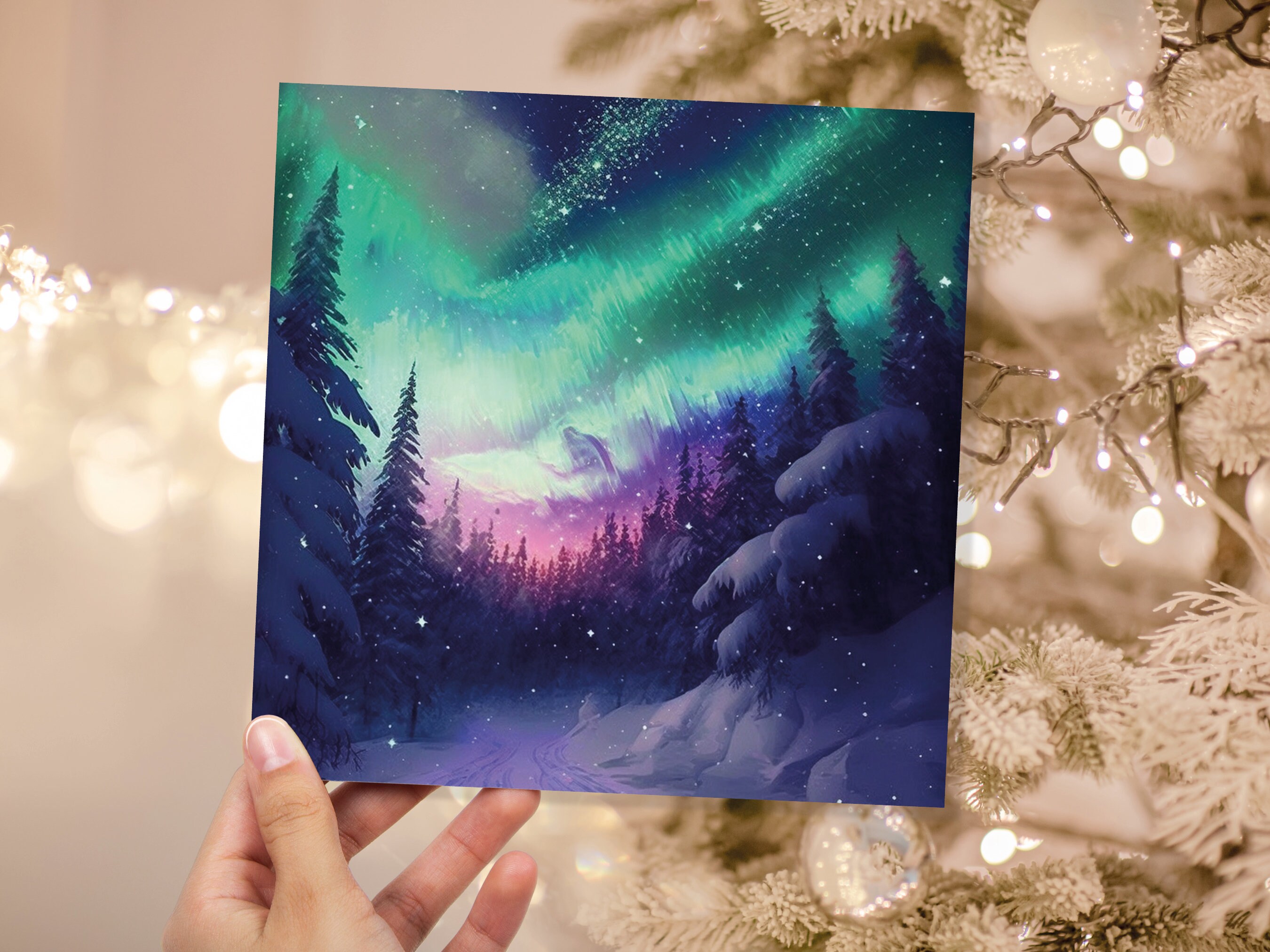 Northern Lights Christmas Cards Forest Snow Scene Stars Snowy Woodland Green Pink Purple Aurora Borealis Xmas Cards For Family Friends 2022 - View 3