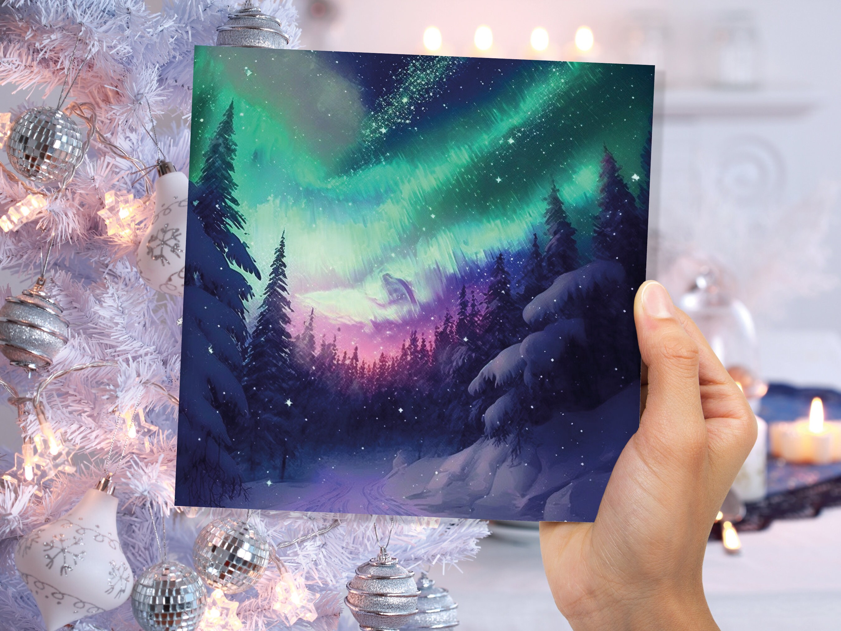 Northern Lights Christmas Cards Forest Snow Scene Stars Snowy Woodland Green Pink Purple Aurora Borealis Xmas Cards For Family Friends 2022 - View 4