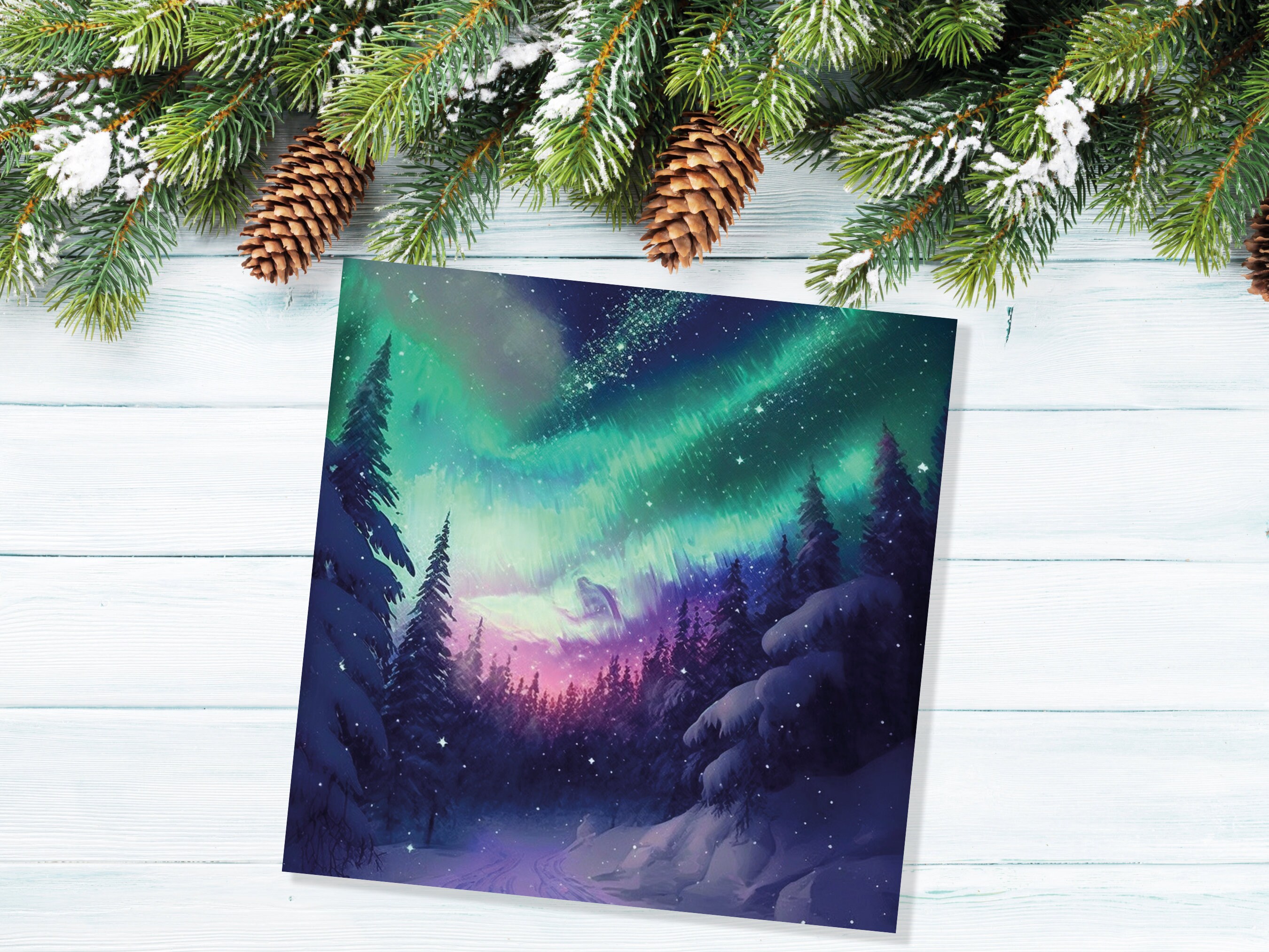 Northern Lights Christmas Cards Forest Snow Scene Stars Snowy Woodland Green Pink Purple Aurora Borealis Xmas Cards For Family Friends 2022 - View 5