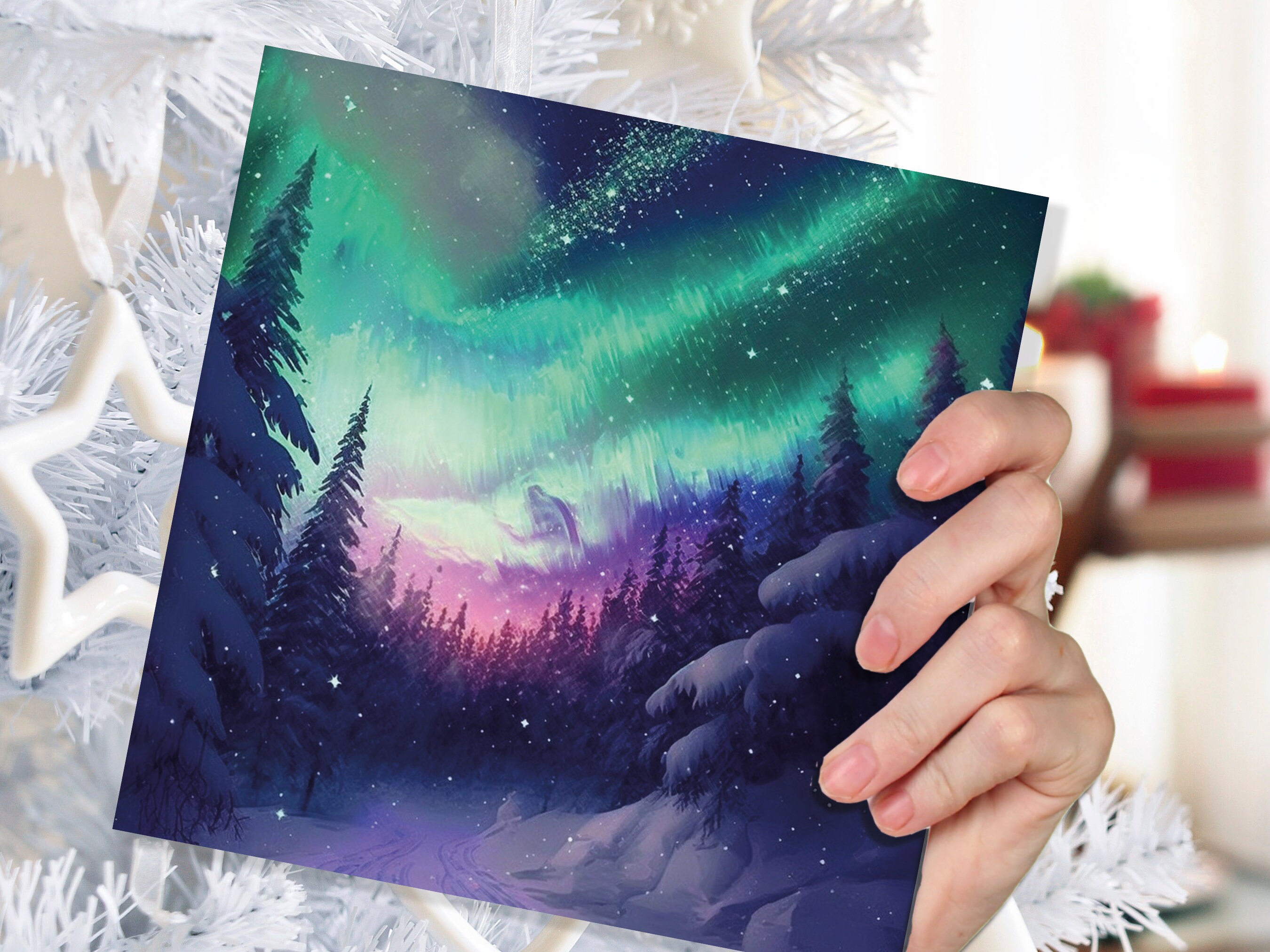 Northern Lights Christmas Cards Forest Snow Scene Stars Snowy Woodland Green Pink Purple Aurora Borealis Xmas Cards For Family Friends 2022 - View 7