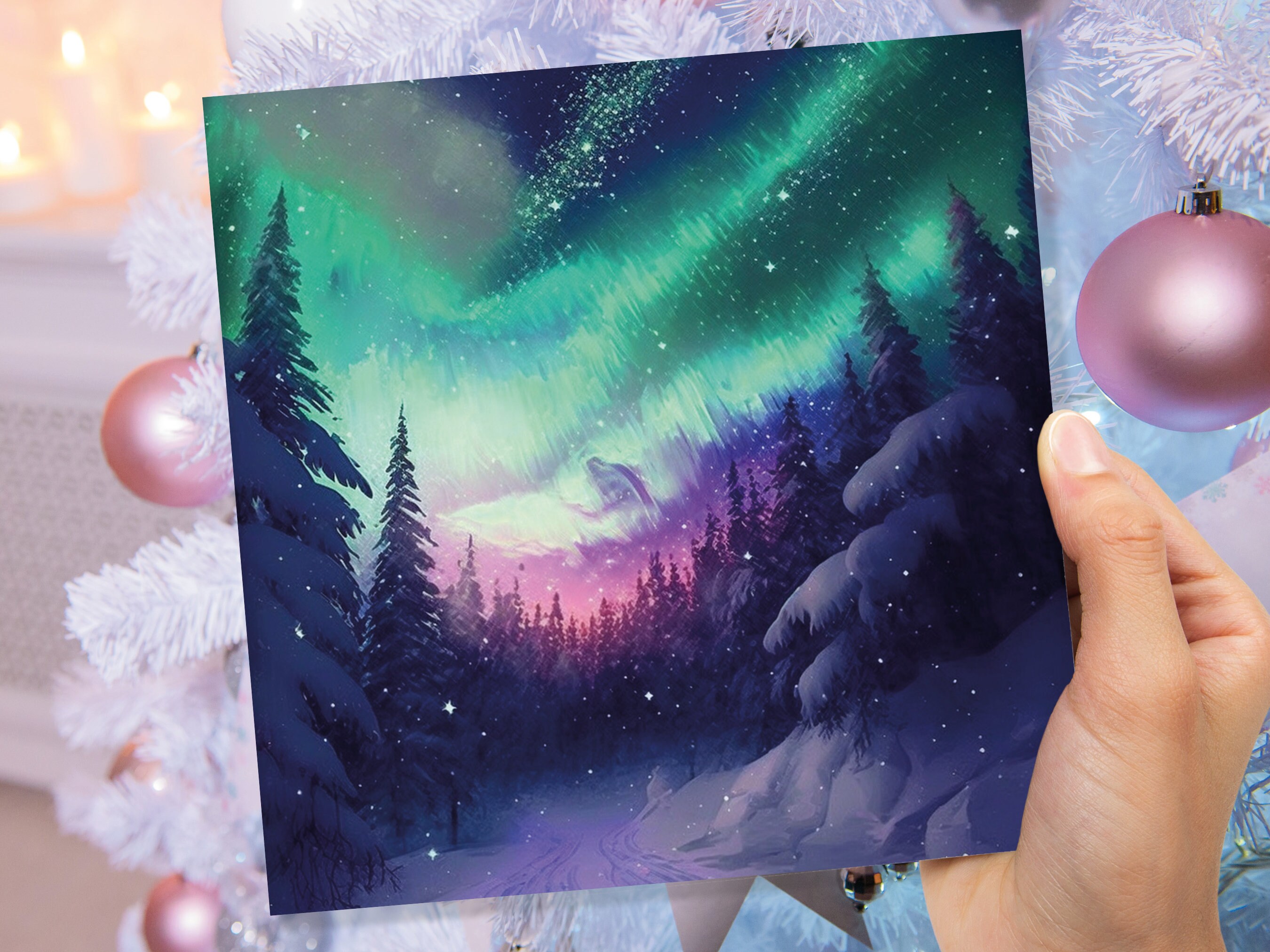 Northern Lights Christmas Cards Forest Snow Scene Stars Snowy Woodland Green Pink Purple Aurora Borealis Xmas Cards For Family Friends 2022 - View 8