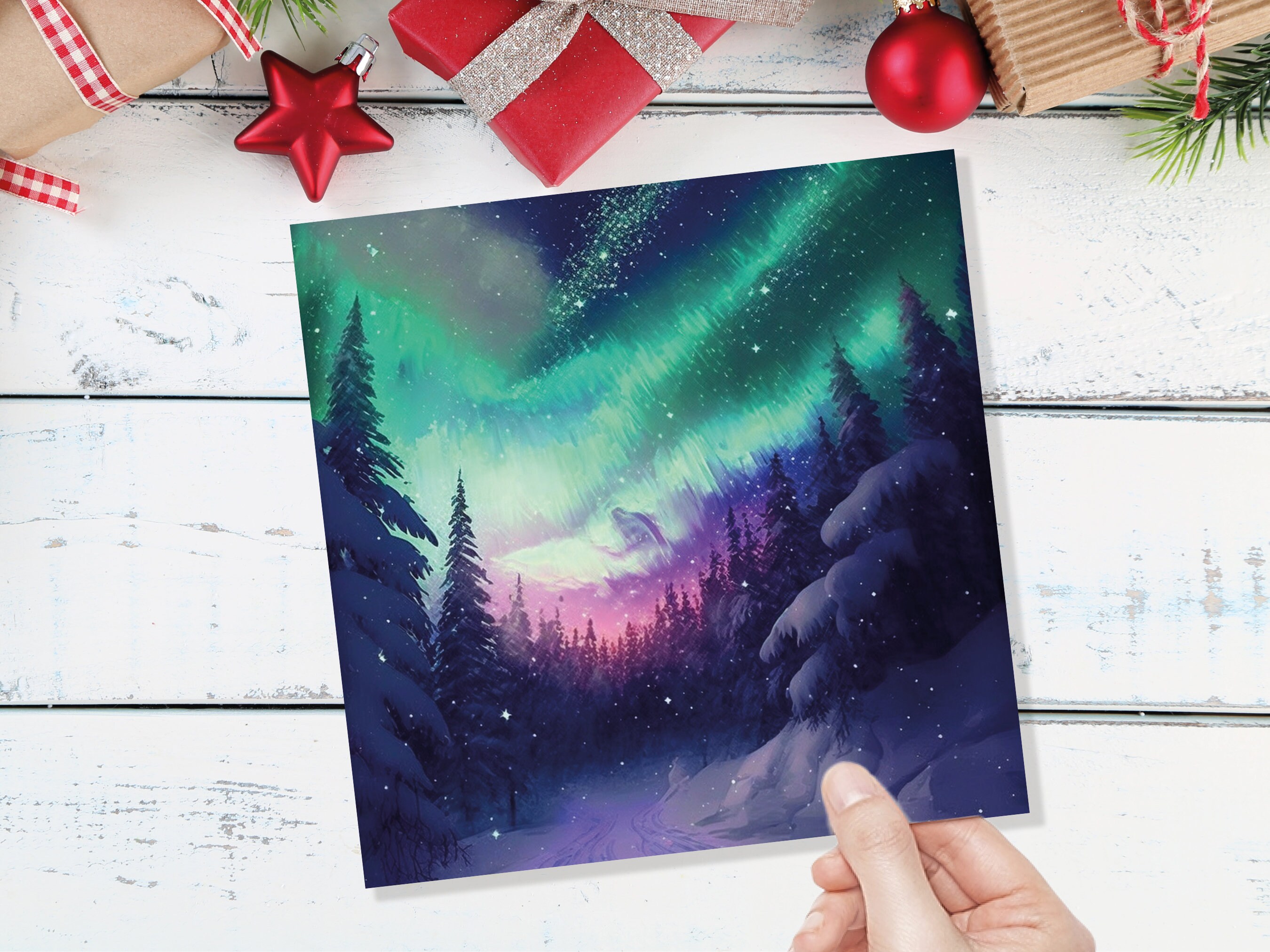 Northern Lights Christmas Cards Forest Snow Scene Stars Snowy Woodland Green Pink Purple Aurora Borealis Xmas Cards For Family Friends 2022 - View 9