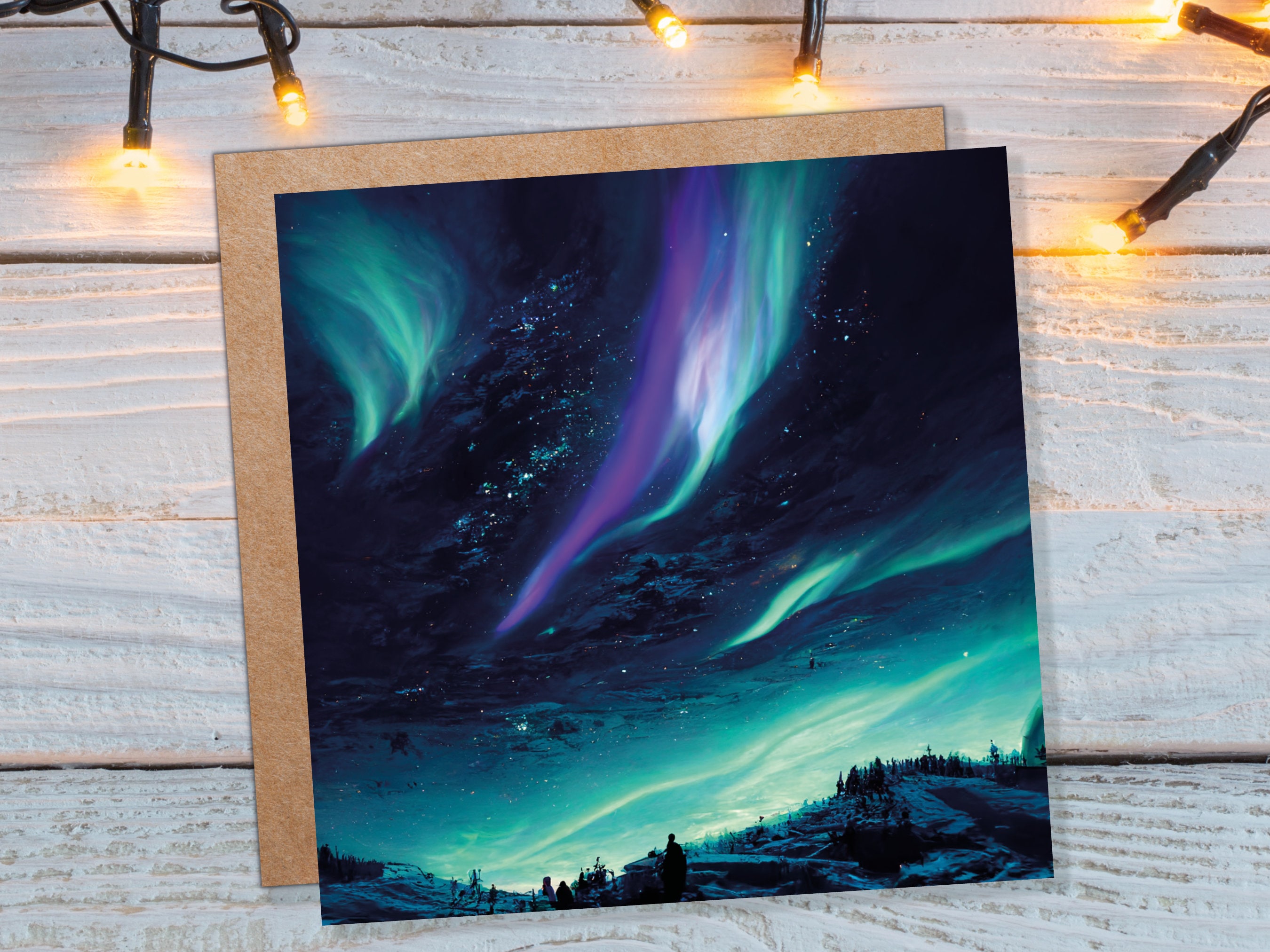 Northern Lights Christmas Card Snow Scene Green Purple Teal Aurora Borealis Polar Sky Starry Winter Night Xmas Cards For Family Friends 2024