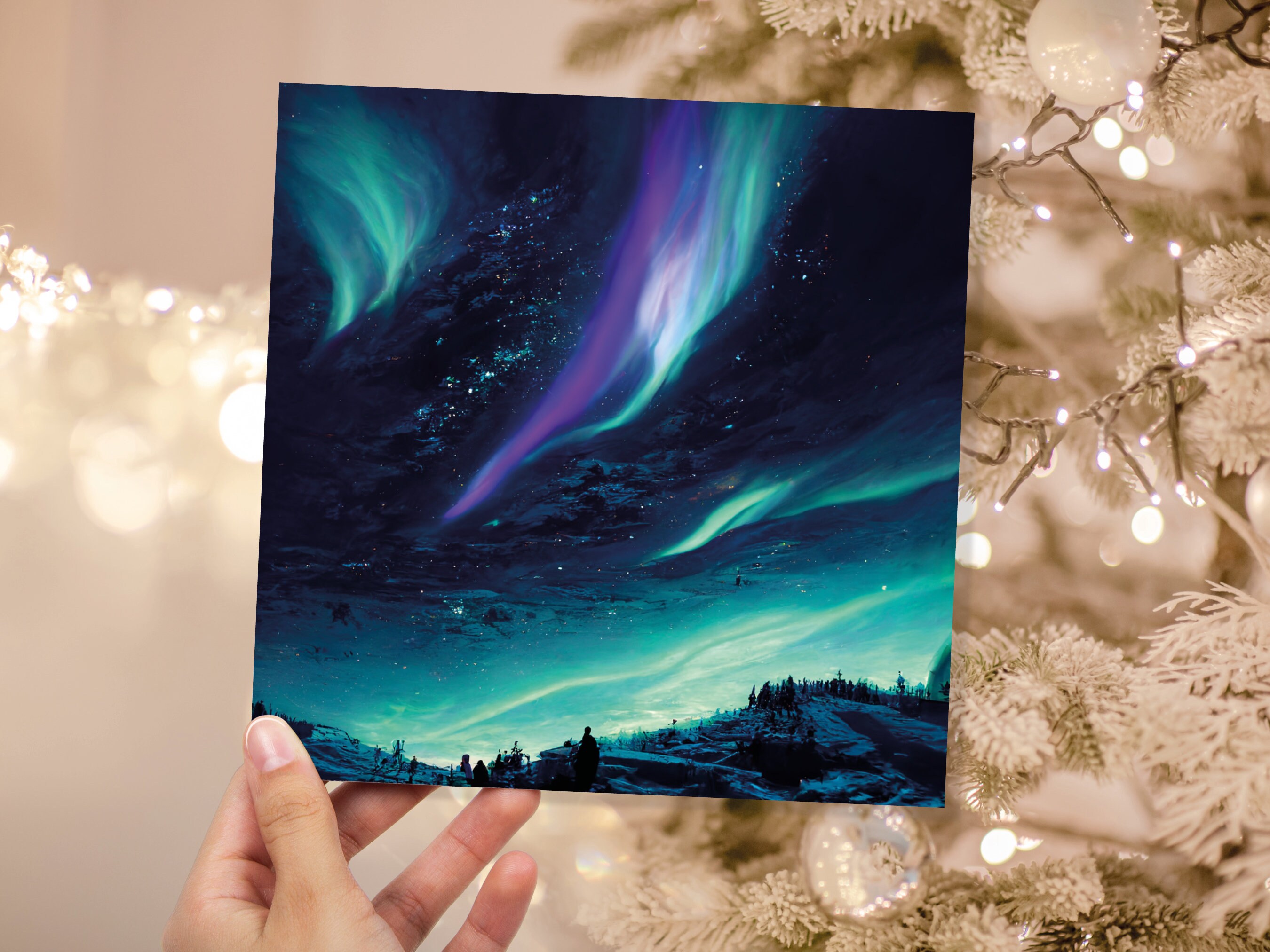 Northern Lights Christmas Card Snow Scene Green Purple Teal Aurora Borealis Polar Sky Starry Winter Night Xmas Cards For Family Friends 2024 - View 2