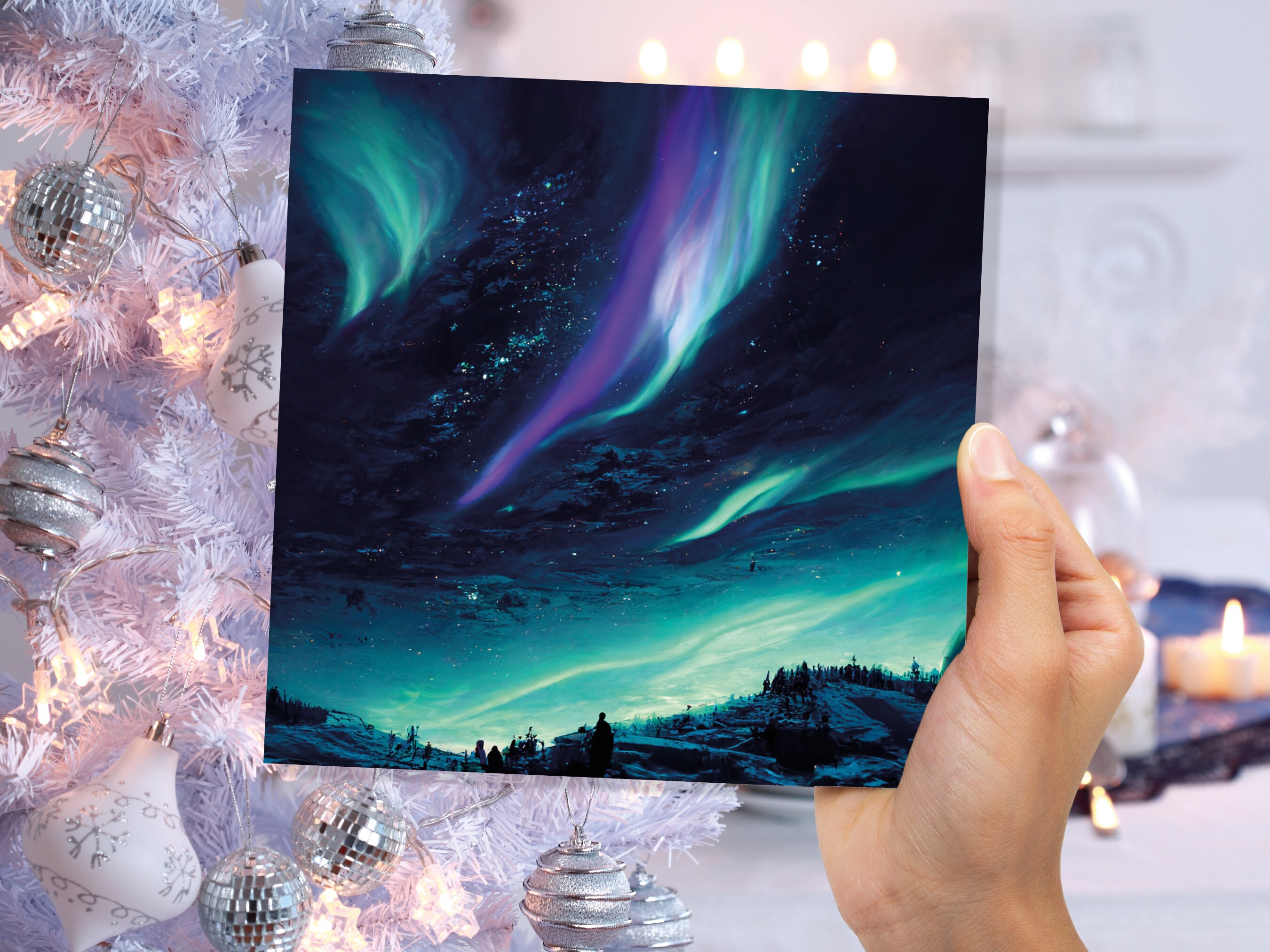 Northern Lights Christmas Card Snow Scene Green Purple Teal Aurora Borealis Polar Sky Starry Winter Night Xmas Cards For Family Friends 2024 - View 3