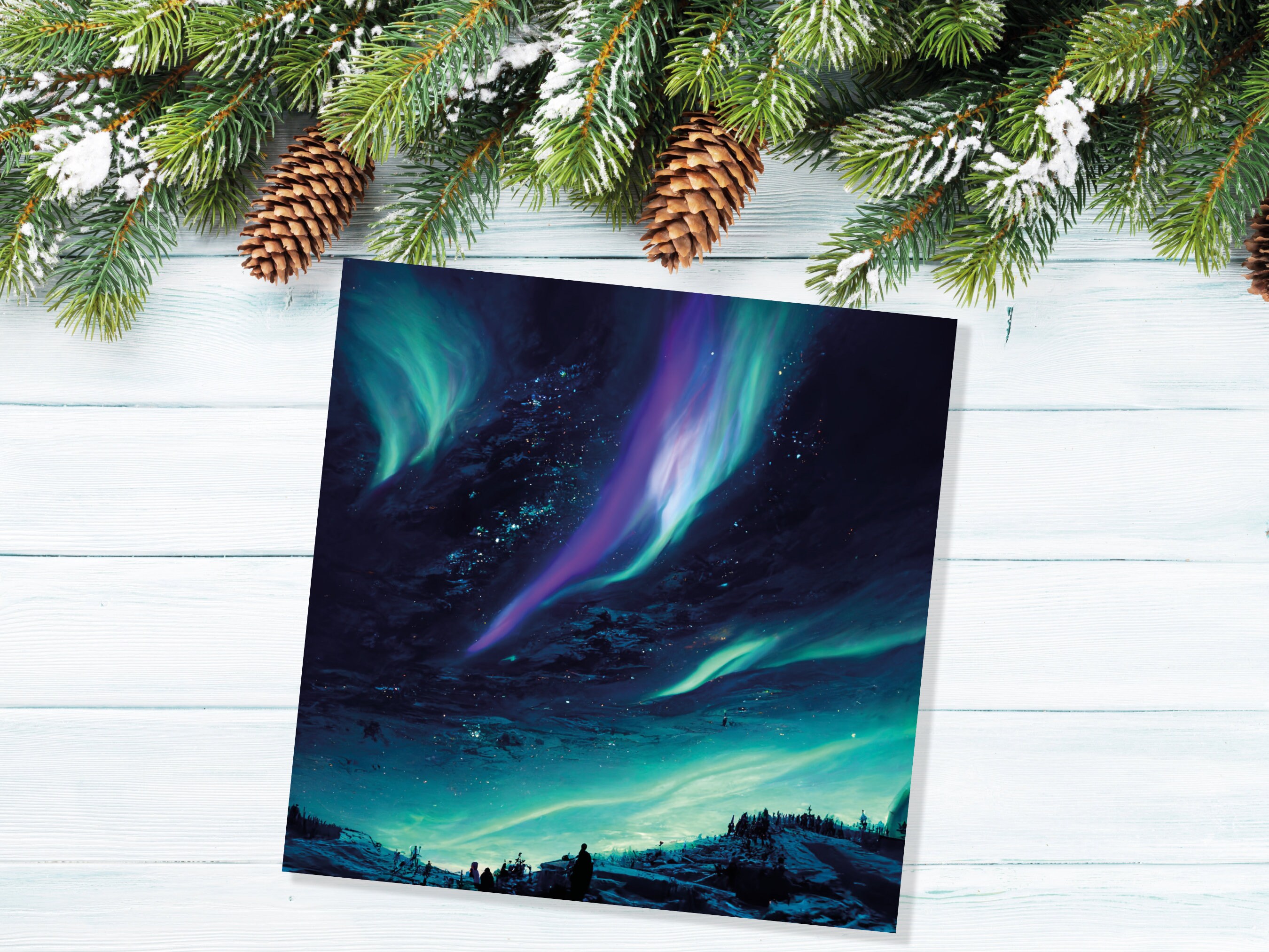 Northern Lights Christmas Card Snow Scene Green Purple Teal Aurora Borealis Polar Sky Starry Winter Night Xmas Cards For Family Friends 2024 - View 4