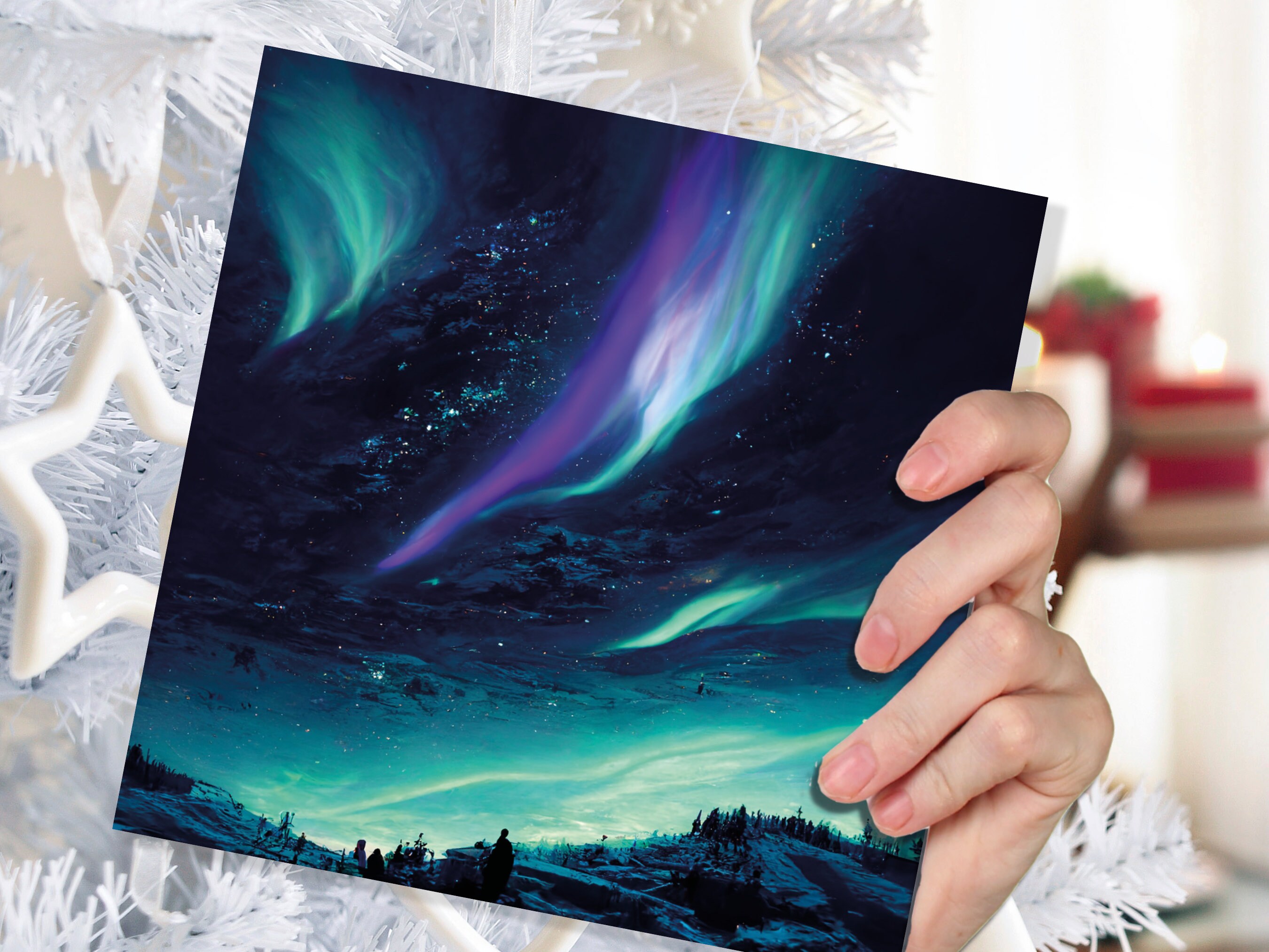 Northern Lights Christmas Card Snow Scene Green Purple Teal Aurora Borealis Polar Sky Starry Winter Night Xmas Cards For Family Friends 2024 - View 6