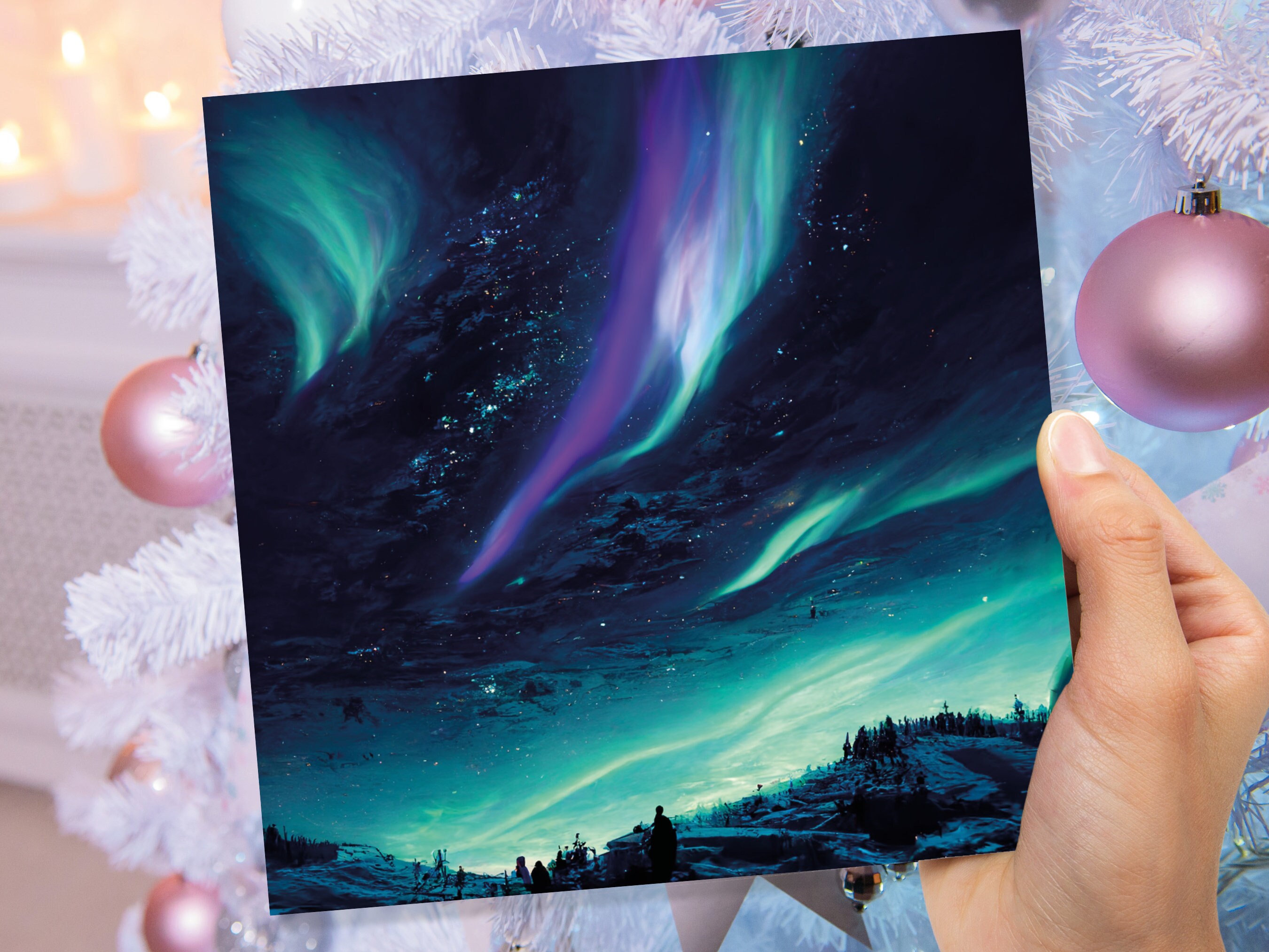 Northern Lights Christmas Card Snow Scene Green Purple Teal Aurora Borealis Polar Sky Starry Winter Night Xmas Cards For Family Friends 2024 - View 7