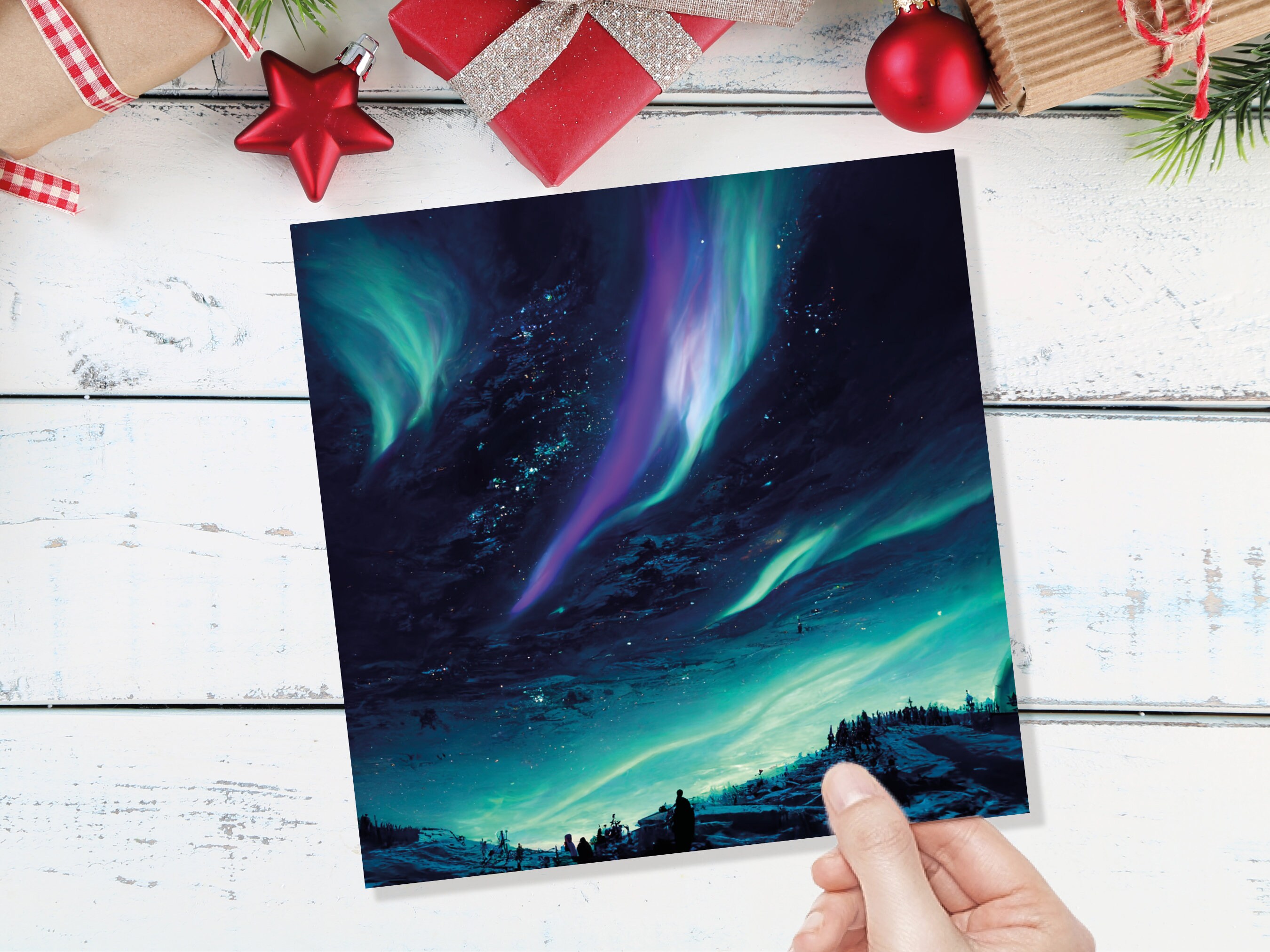 Northern Lights Christmas Card Snow Scene Green Purple Teal Aurora Borealis Polar Sky Starry Winter Night Xmas Cards For Family Friends 2024 - View 8