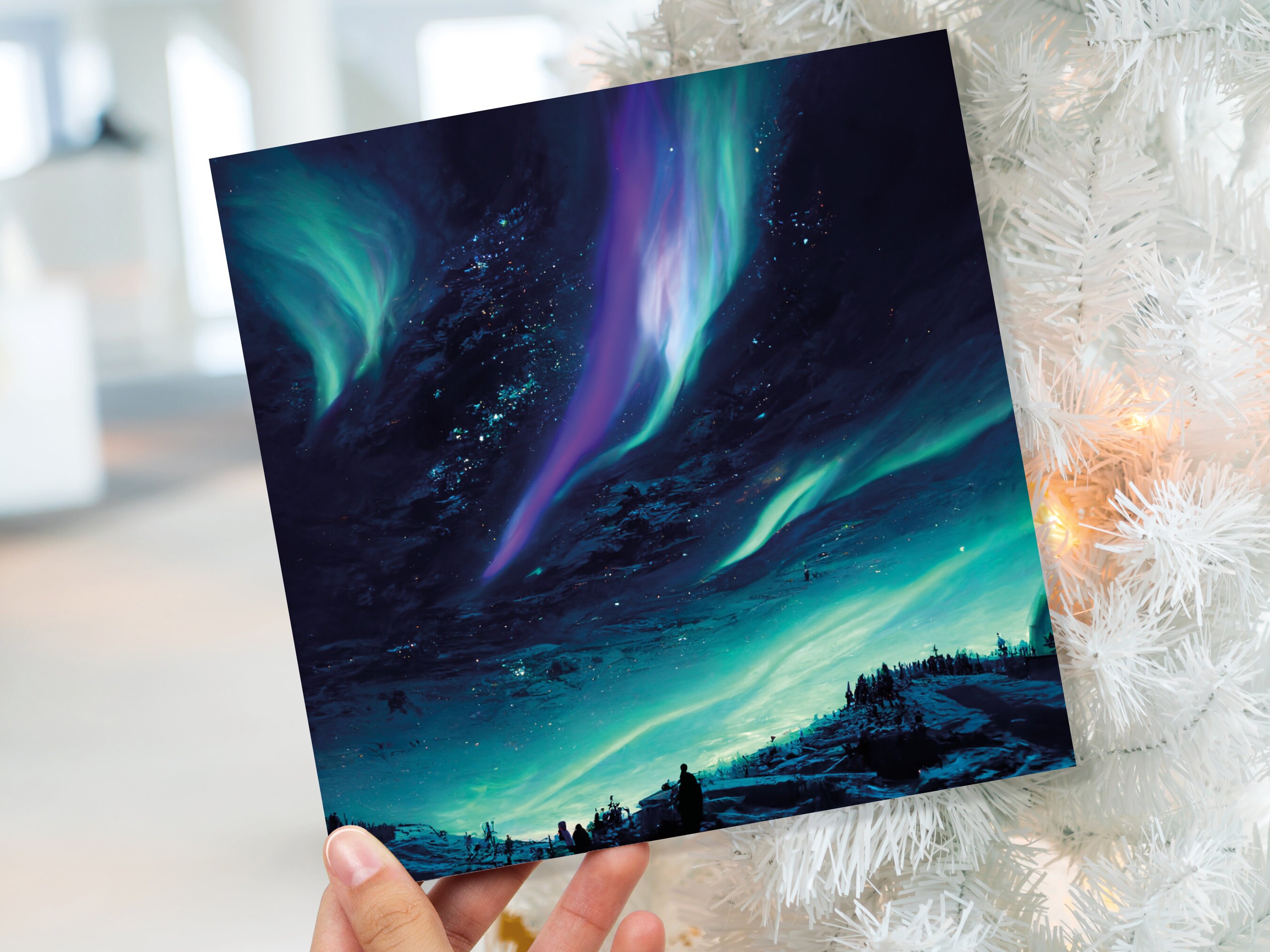 Northern Lights Christmas Card Snow Scene Green Purple Teal Aurora Borealis Polar Sky Starry Winter Night Xmas Cards For Family Friends 2024 - View 9