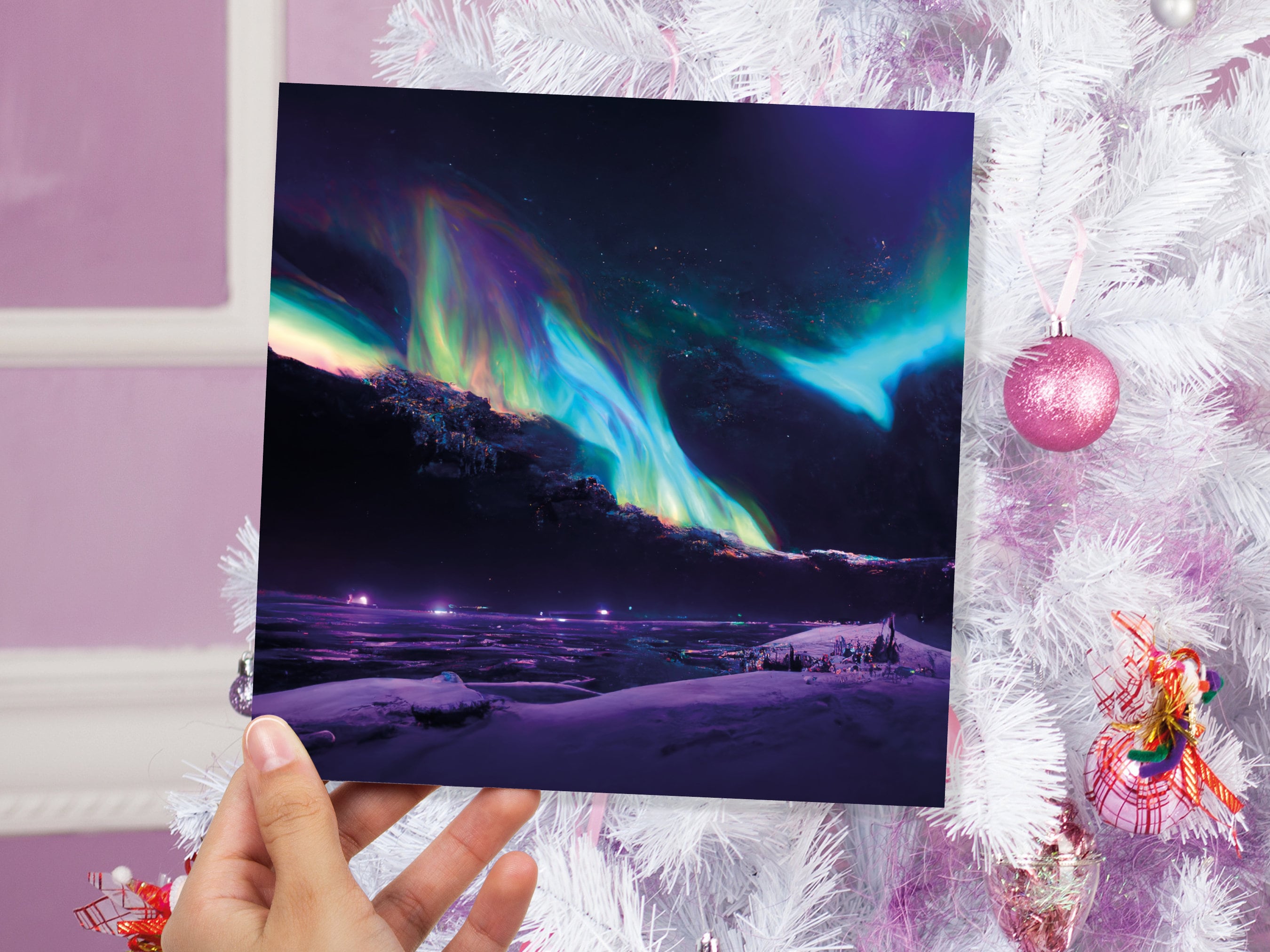 Magical Northern Lights Greeting Cards Aurora Borealis Rainbow Card Glowing Landscape Snowy Scenery Lake Water For Family Friends Xmas 2024