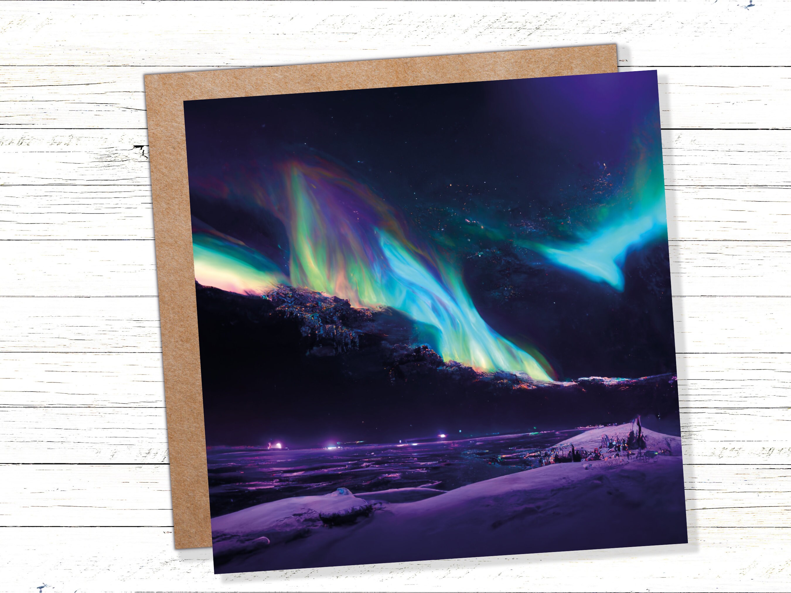 Magical Northern Lights Greeting Cards Aurora Borealis Rainbow Card Glowing Landscape Snowy Scenery Lake Water For Family Friends Xmas 2024 - View 2