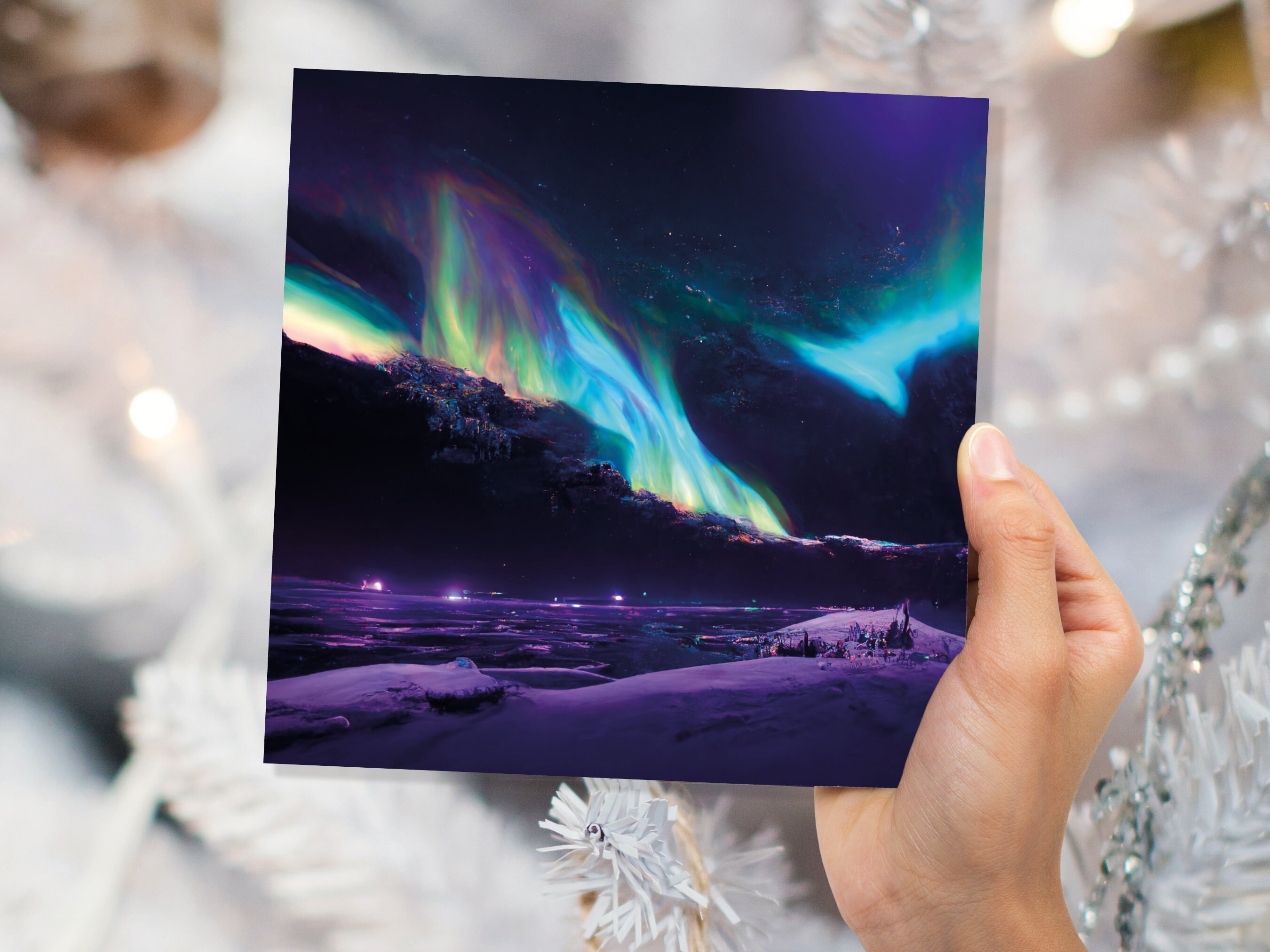 Magical Northern Lights Greeting Cards Aurora Borealis Rainbow Card Glowing Landscape Snowy Scenery Lake Water For Family Friends Xmas 2024 - View 3