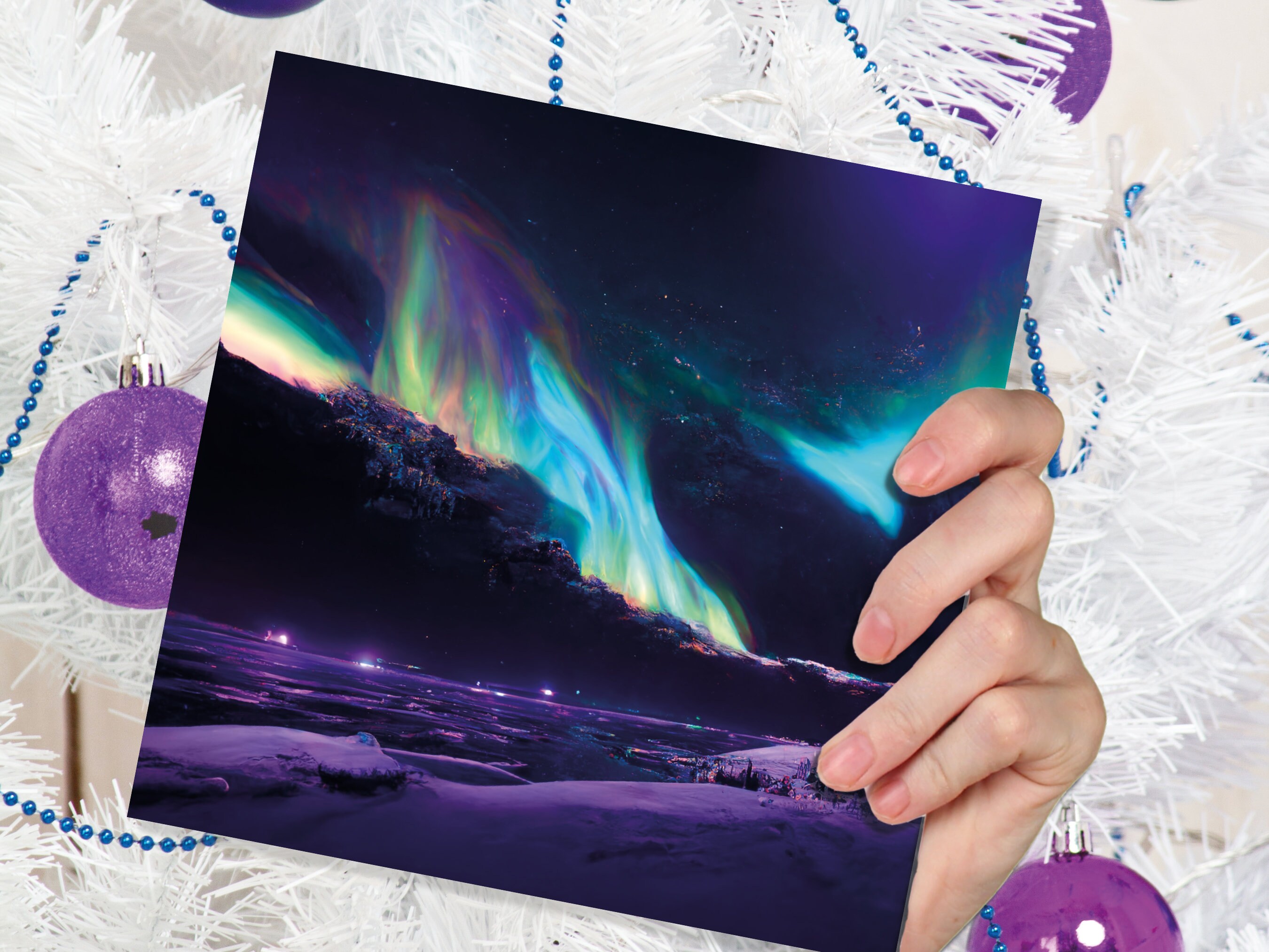 Magical Northern Lights Greeting Cards Aurora Borealis Rainbow Card Glowing Landscape Snowy Scenery Lake Water For Family Friends Xmas 2024 - View 4