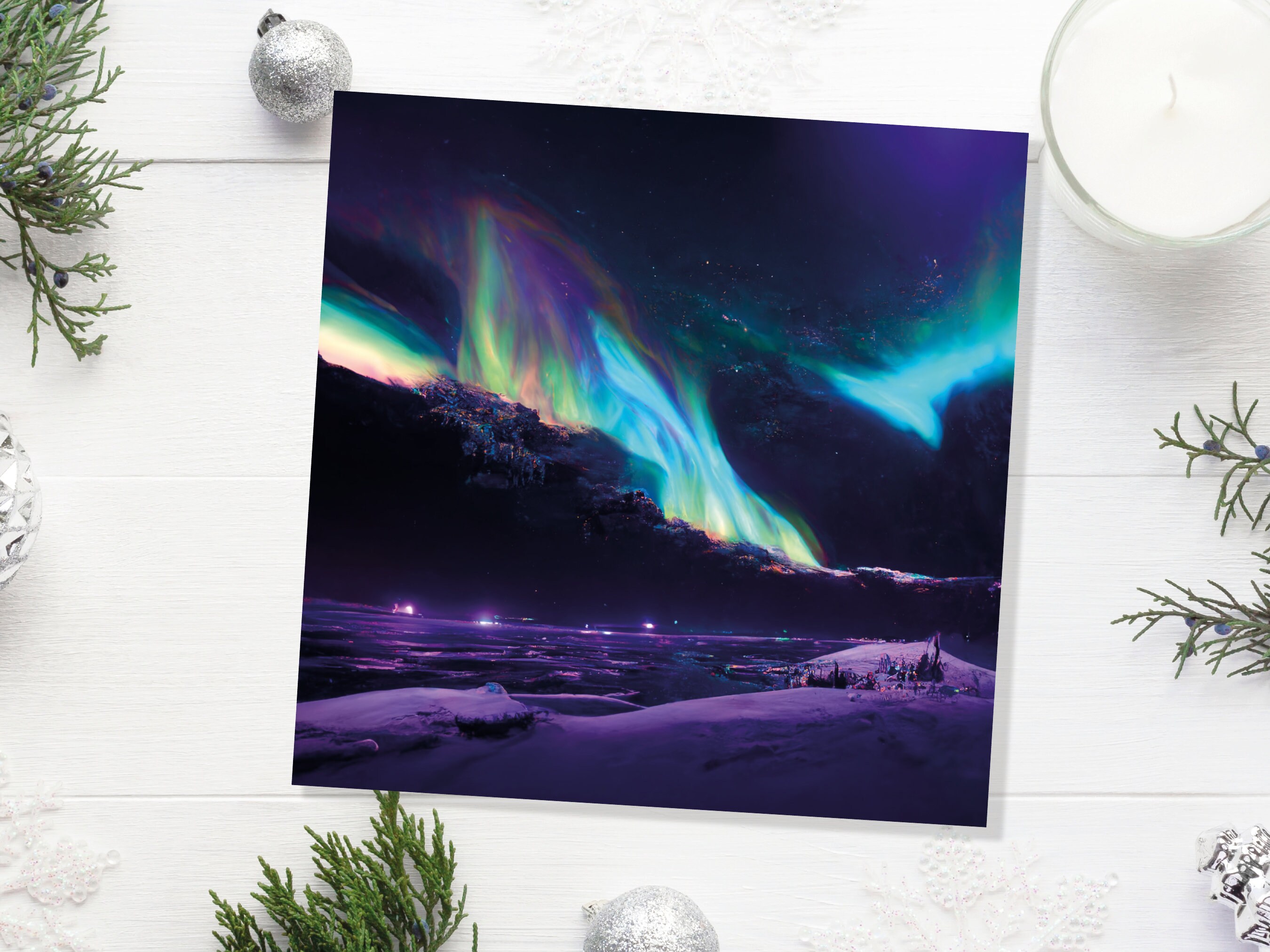 Magical Northern Lights Greeting Cards Aurora Borealis Rainbow Card Glowing Landscape Snowy Scenery Lake Water For Family Friends Xmas 2024 - View 7