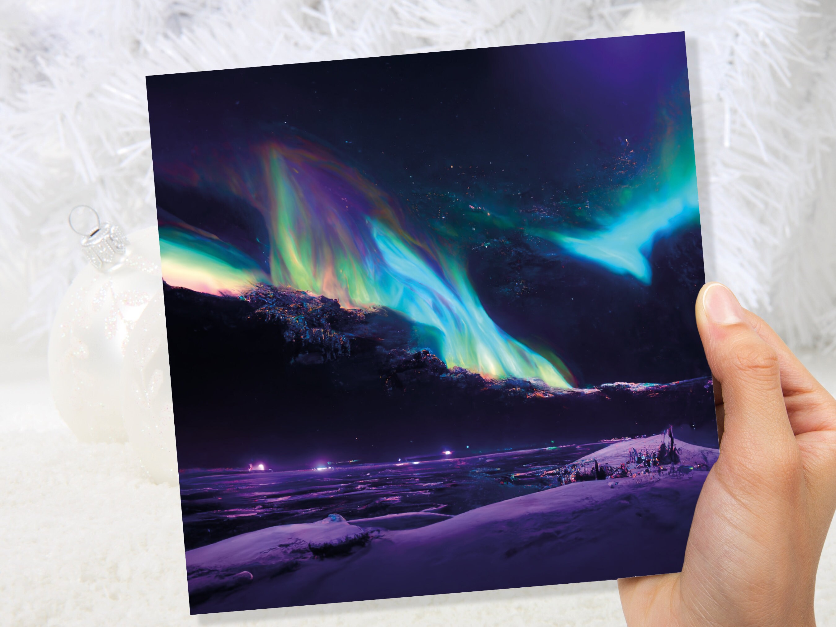 Magical Northern Lights Greeting Cards Aurora Borealis Rainbow Card Glowing Landscape Snowy Scenery Lake Water For Family Friends Xmas 2024 - View 8