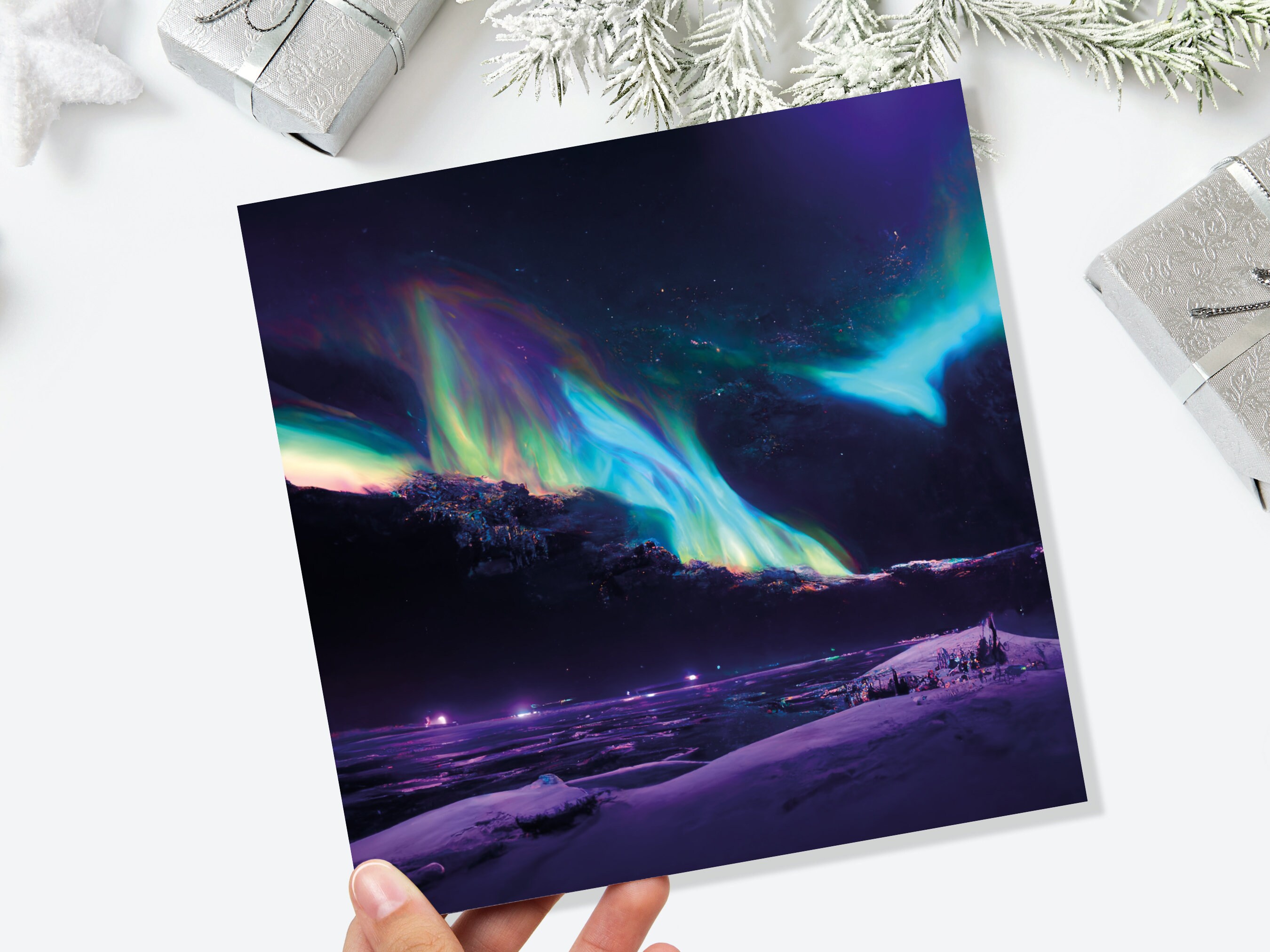 Magical Northern Lights Greeting Cards Aurora Borealis Rainbow Card Glowing Landscape Snowy Scenery Lake Water For Family Friends Xmas 2024 - View 9