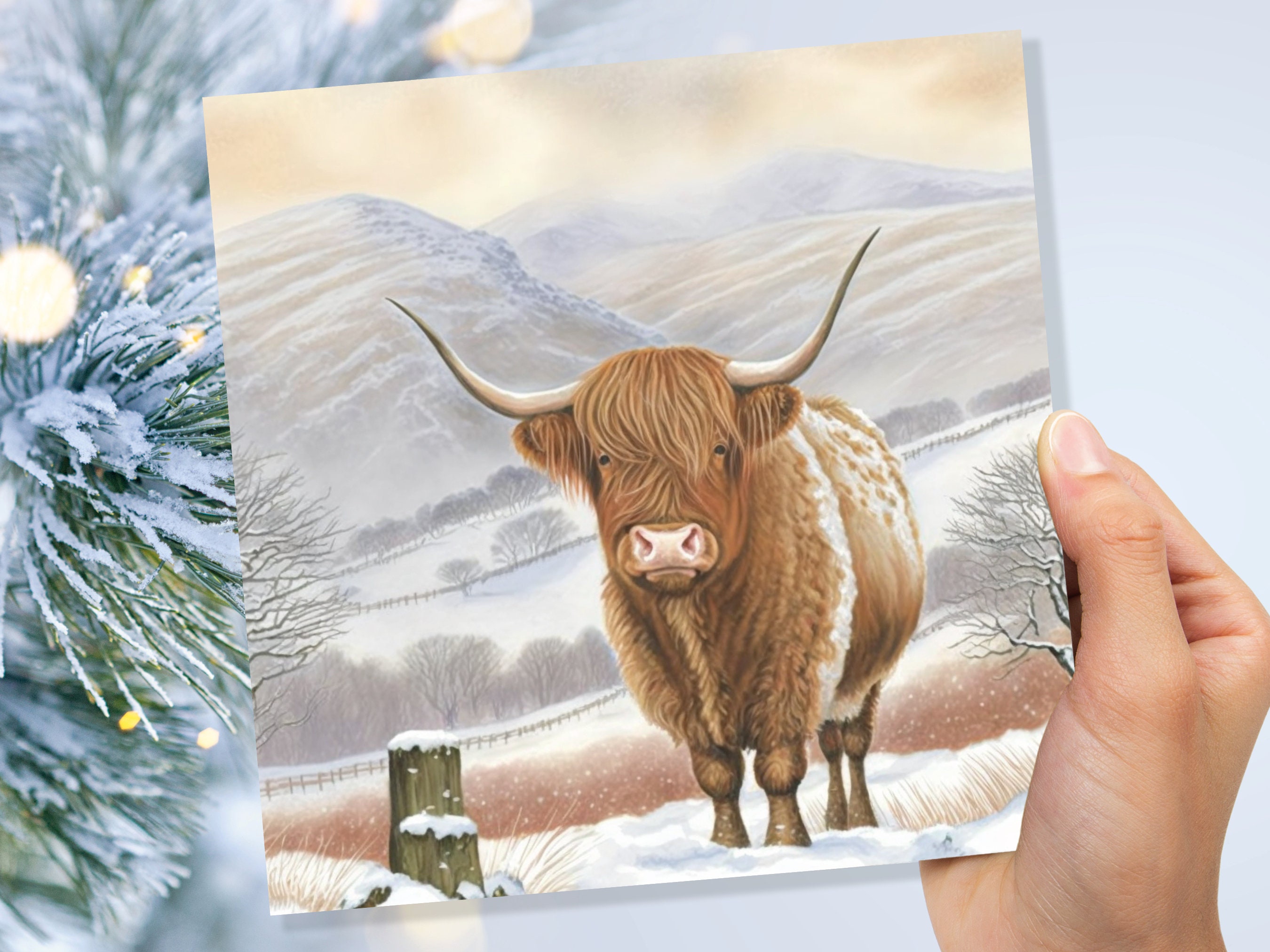 Watercolour Highland Cow Cards Scottish Highlands Winter Snow Scene Mountains Hills Painting Card For Family Friend Xmas 2024 Thank You Coo