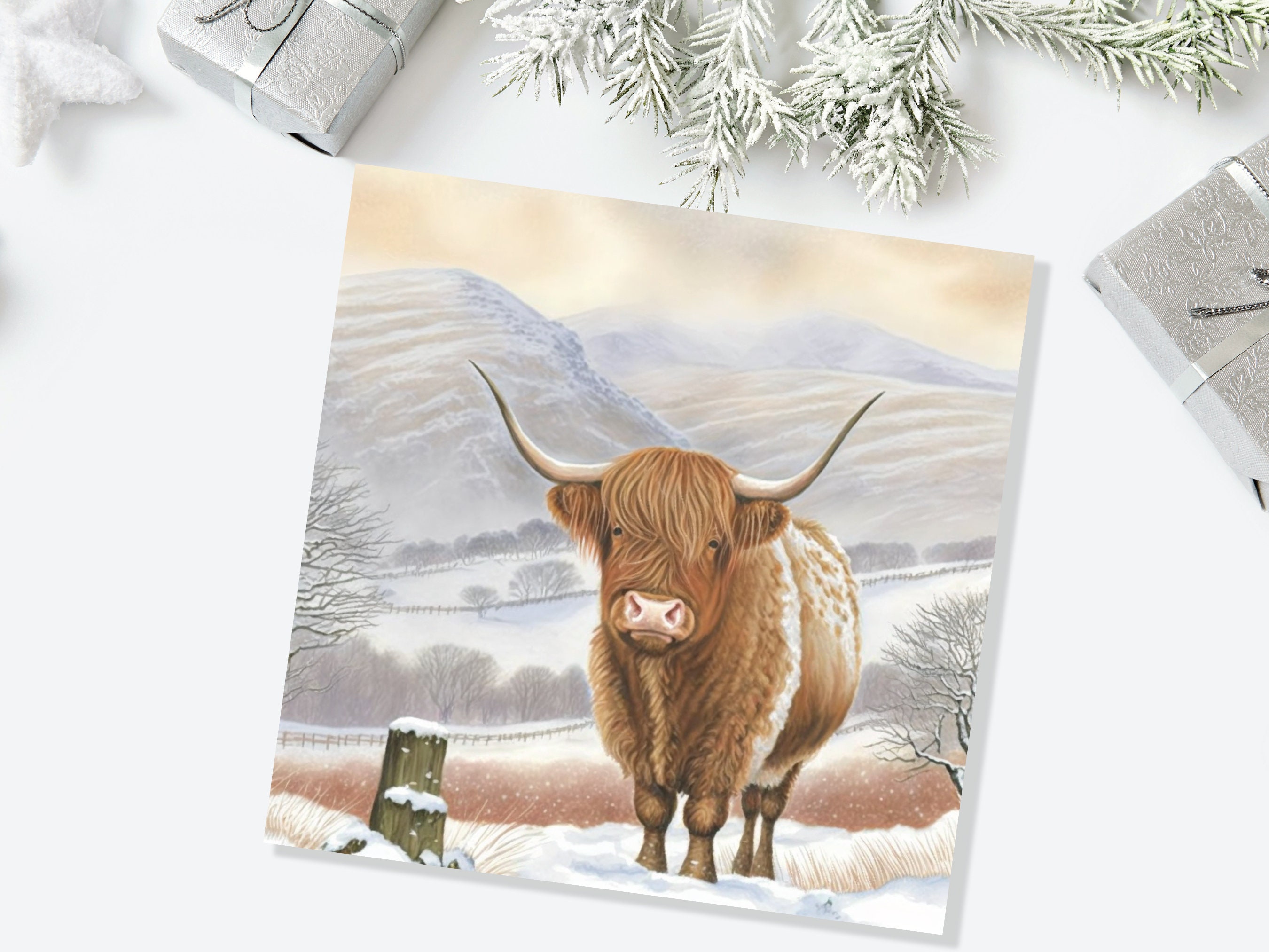 Watercolour Highland Cow Cards Scottish Highlands Winter Snow Scene Mountains Hills Painting Card For Family Friend Xmas 2024 Thank You Coo - View 2