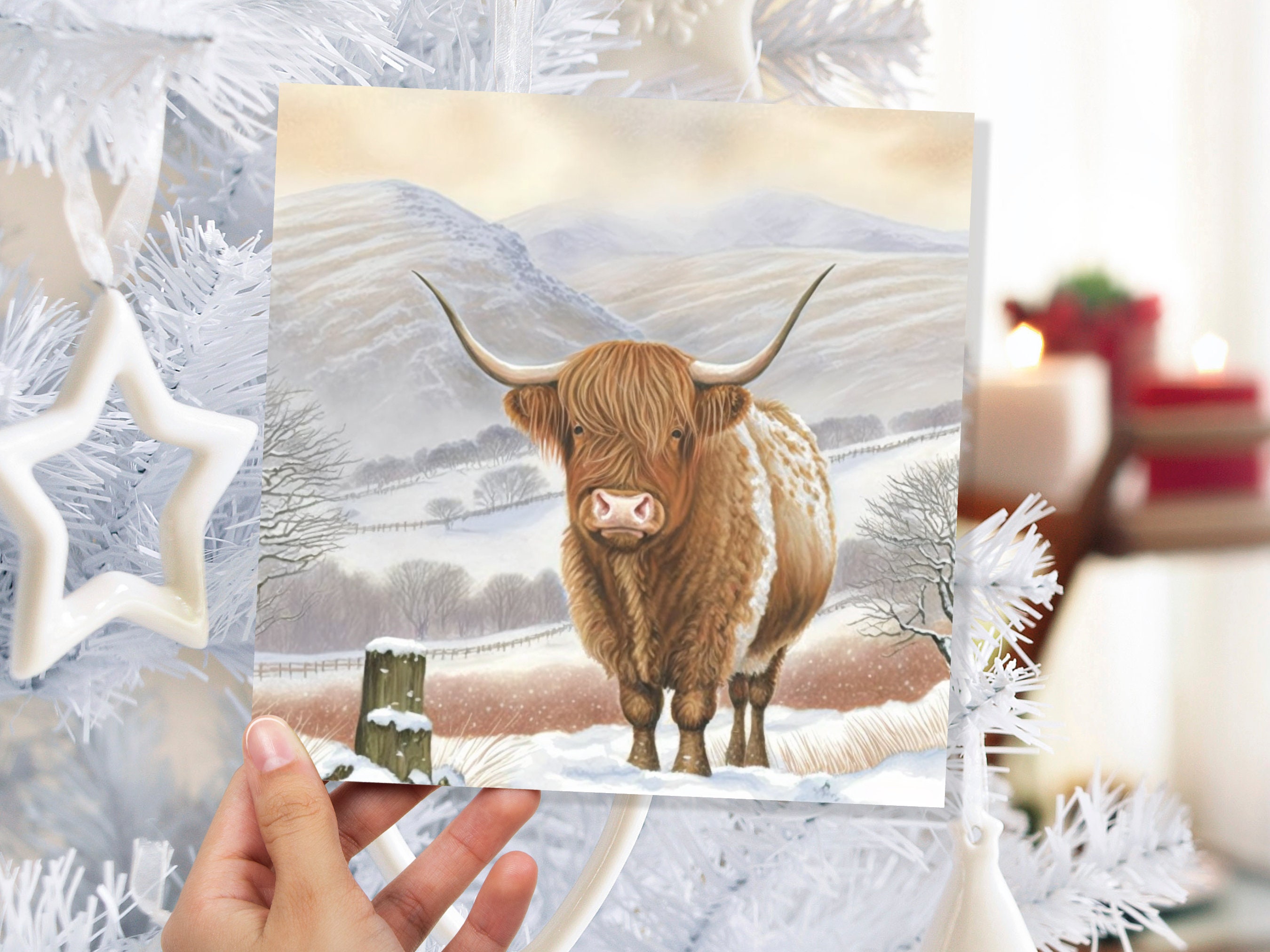 Watercolour Highland Cow Cards Scottish Highlands Winter Snow Scene Mountains Hills Painting Card For Family Friend Xmas 2024 Thank You Coo - View 3