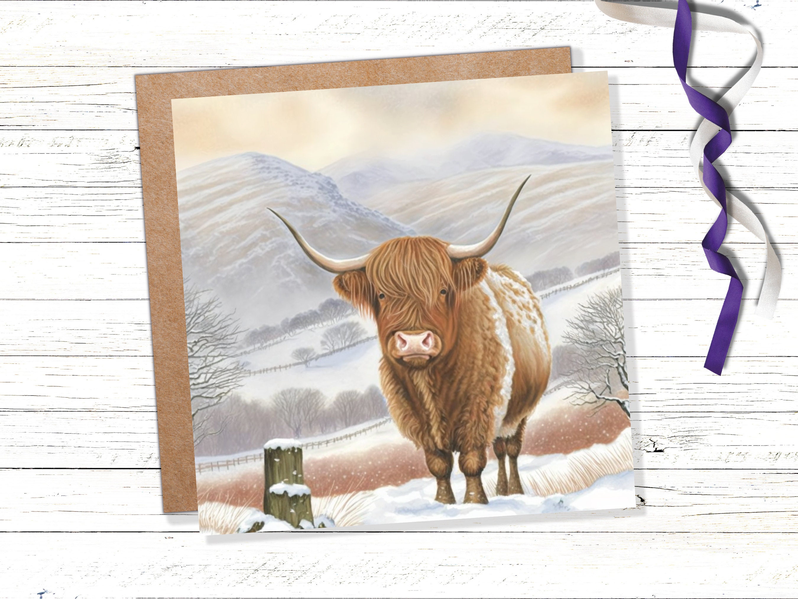 Watercolour Highland Cow Cards Scottish Highlands Winter Snow Scene Mountains Hills Painting Card For Family Friend Xmas 2024 Thank You Coo - View 4