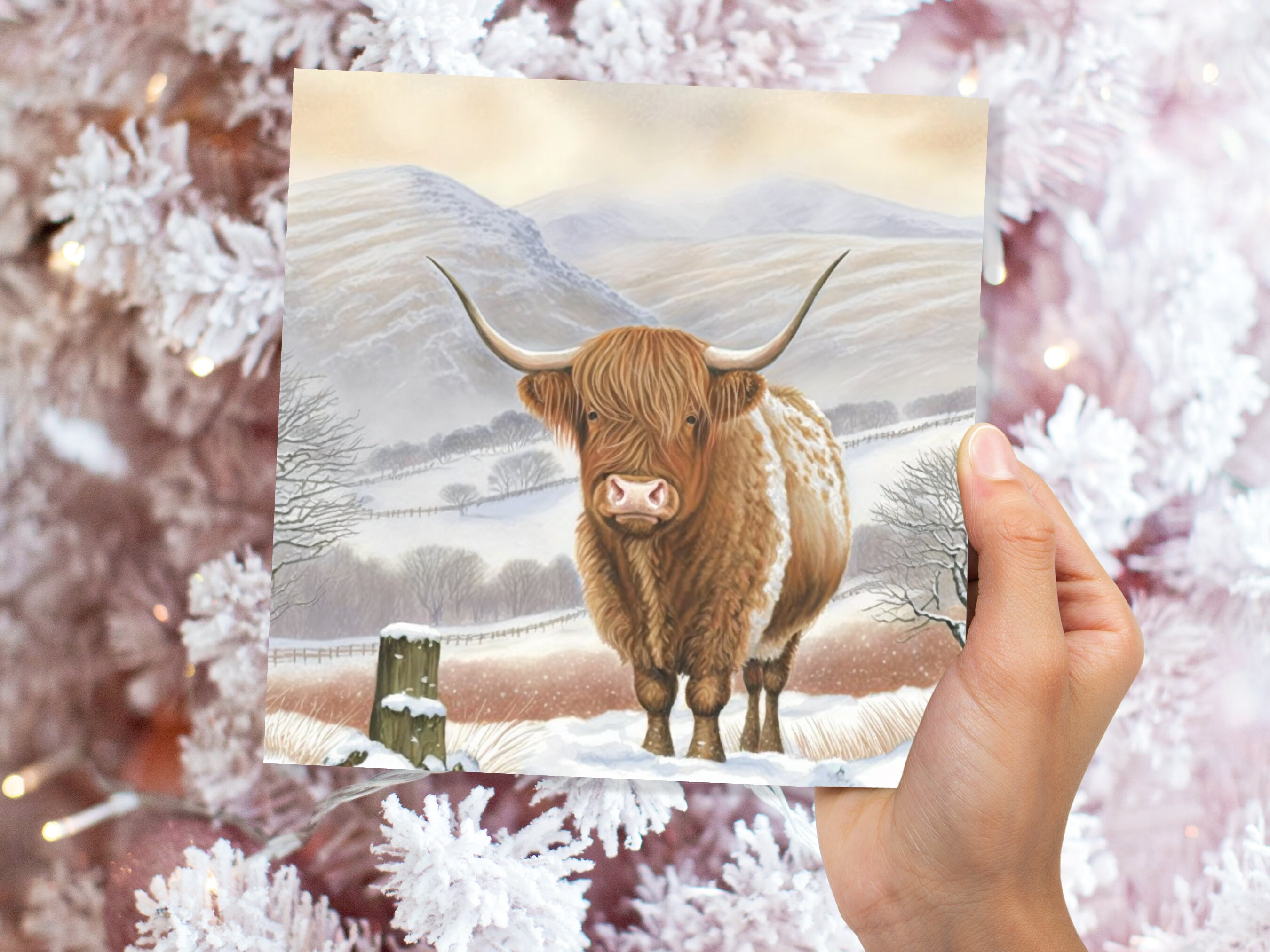 Watercolour Highland Cow Cards Scottish Highlands Winter Snow Scene Mountains Hills Painting Card For Family Friend Xmas 2024 Thank You Coo - View 5