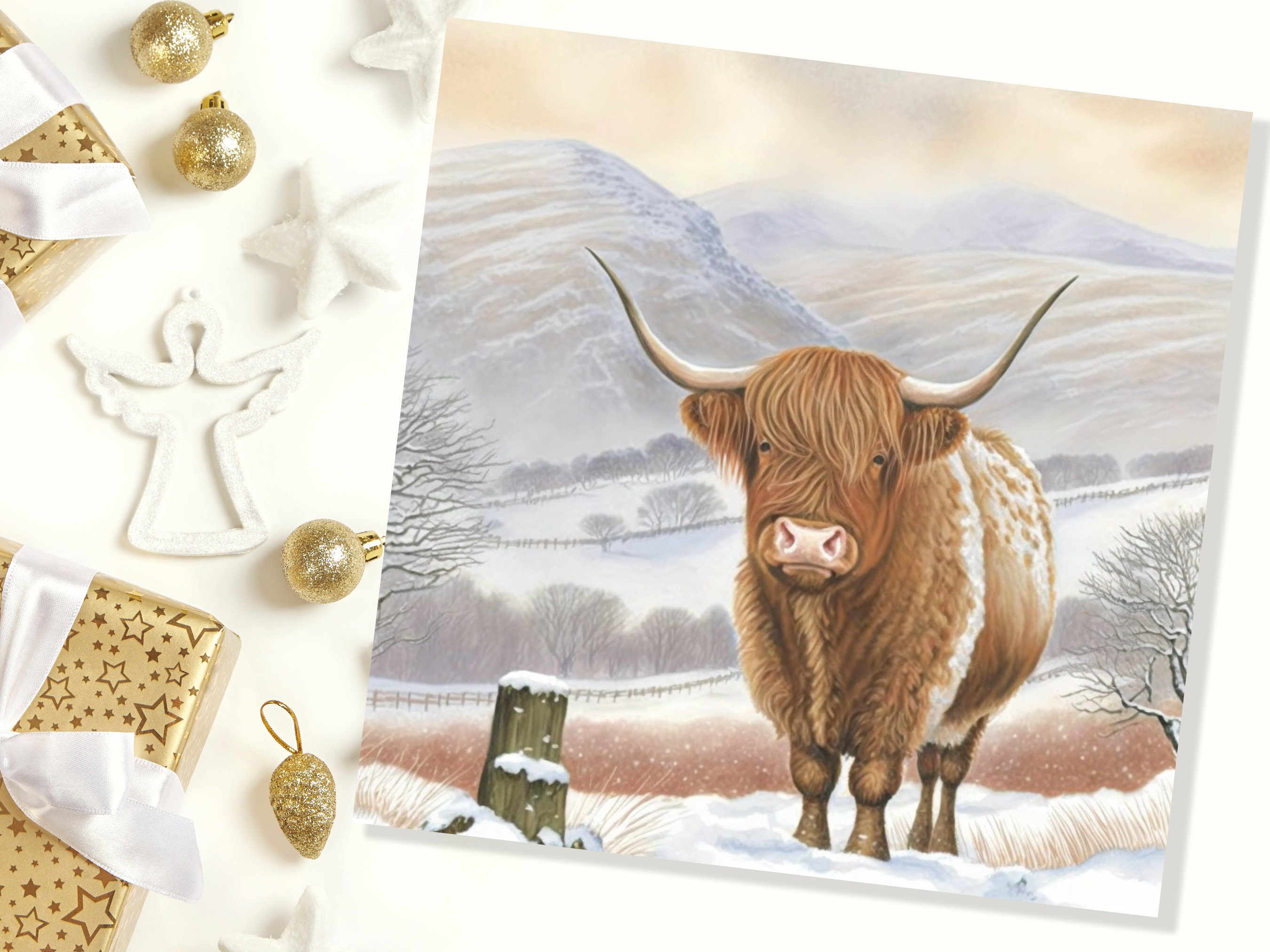 Watercolour Highland Cow Cards Scottish Highlands Winter Snow Scene Mountains Hills Painting Card For Family Friend Xmas 2024 Thank You Coo - View 6