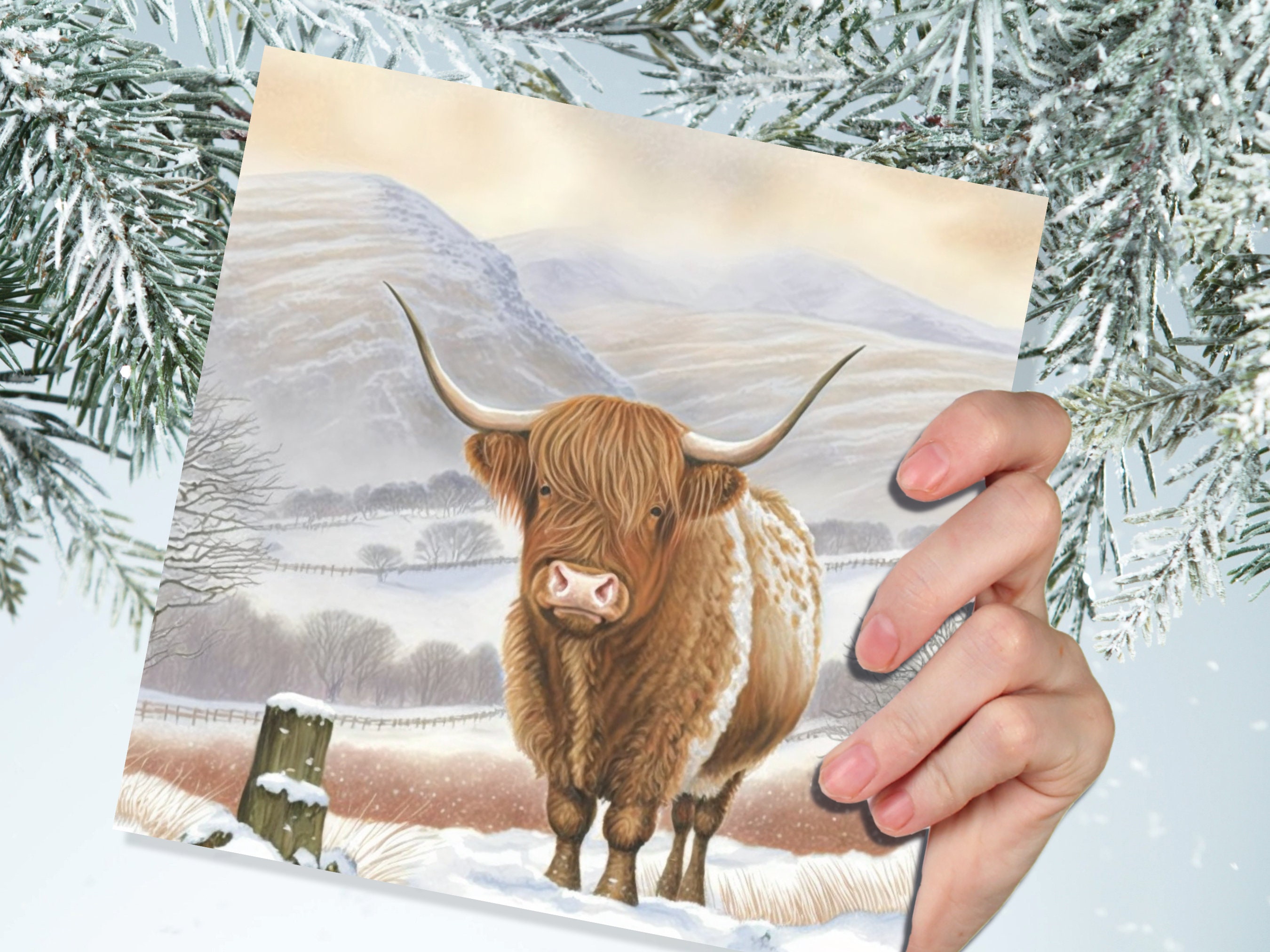 Watercolour Highland Cow Cards Scottish Highlands Winter Snow Scene Mountains Hills Painting Card For Family Friend Xmas 2024 Thank You Coo - View 7