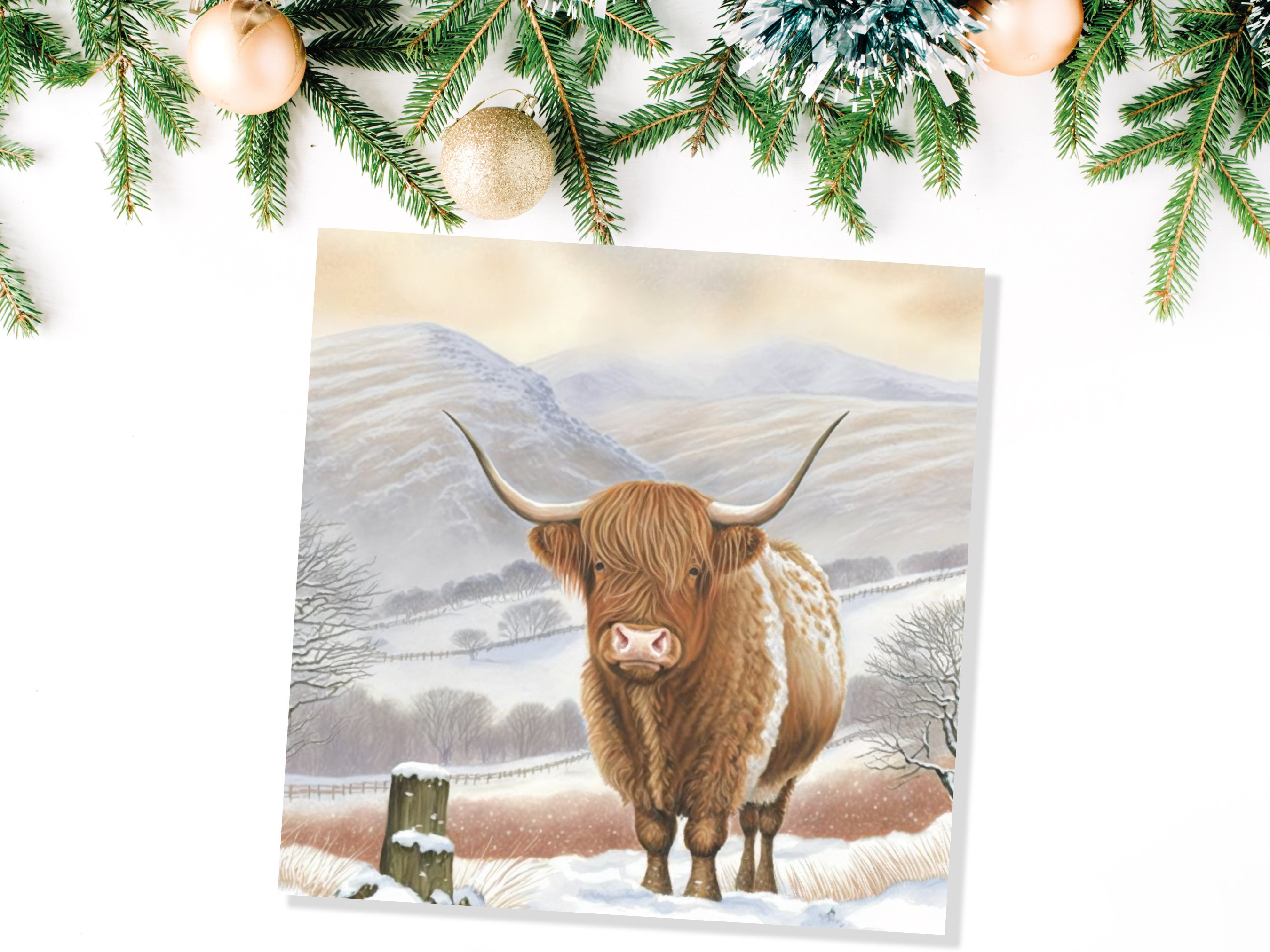 Watercolour Highland Cow Cards Scottish Highlands Winter Snow Scene Mountains Hills Painting Card For Family Friend Xmas 2024 Thank You Coo - View 8