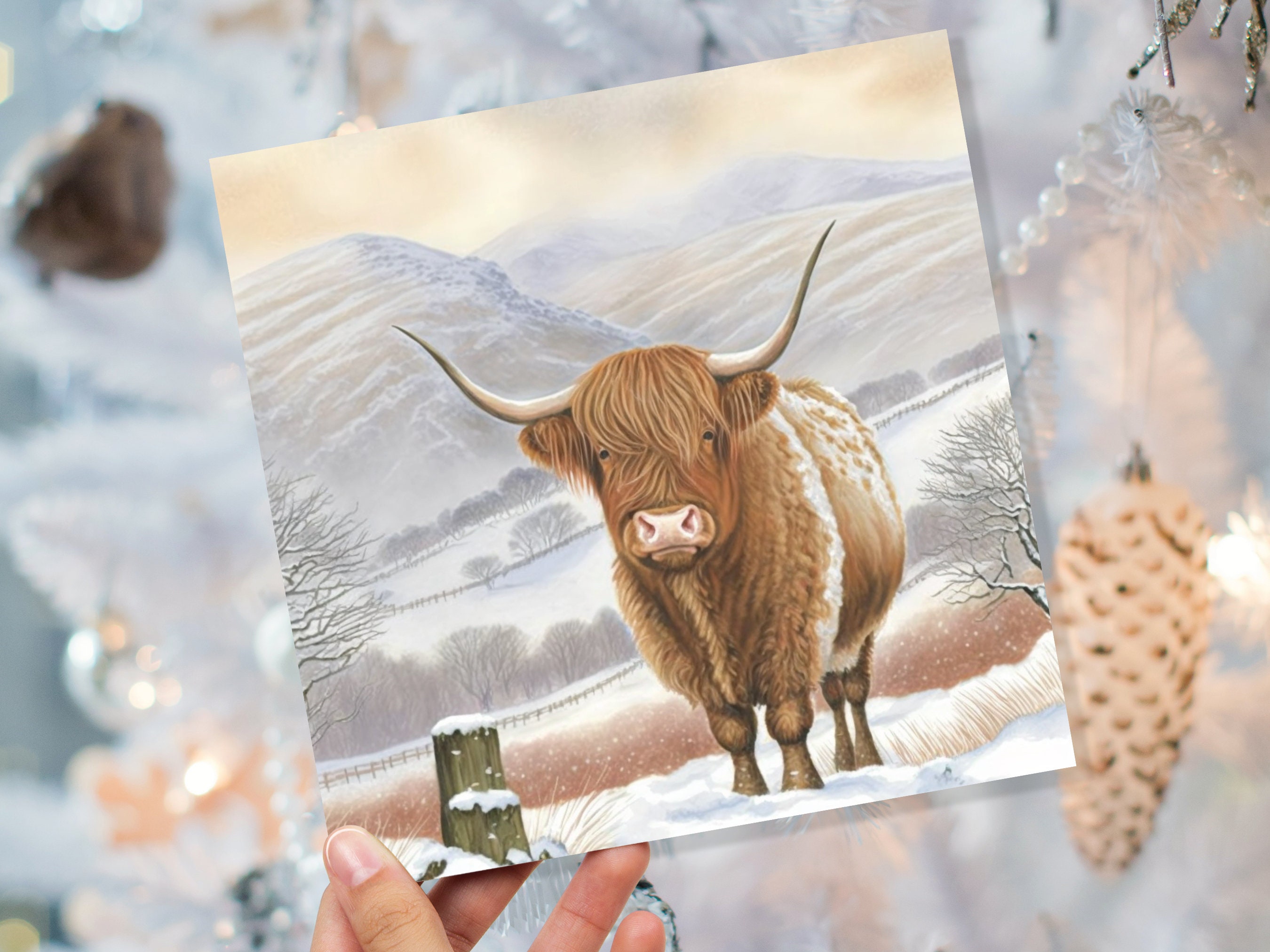 Watercolour Highland Cow Cards Scottish Highlands Winter Snow Scene Mountains Hills Painting Card For Family Friend Xmas 2024 Thank You Coo - View 9