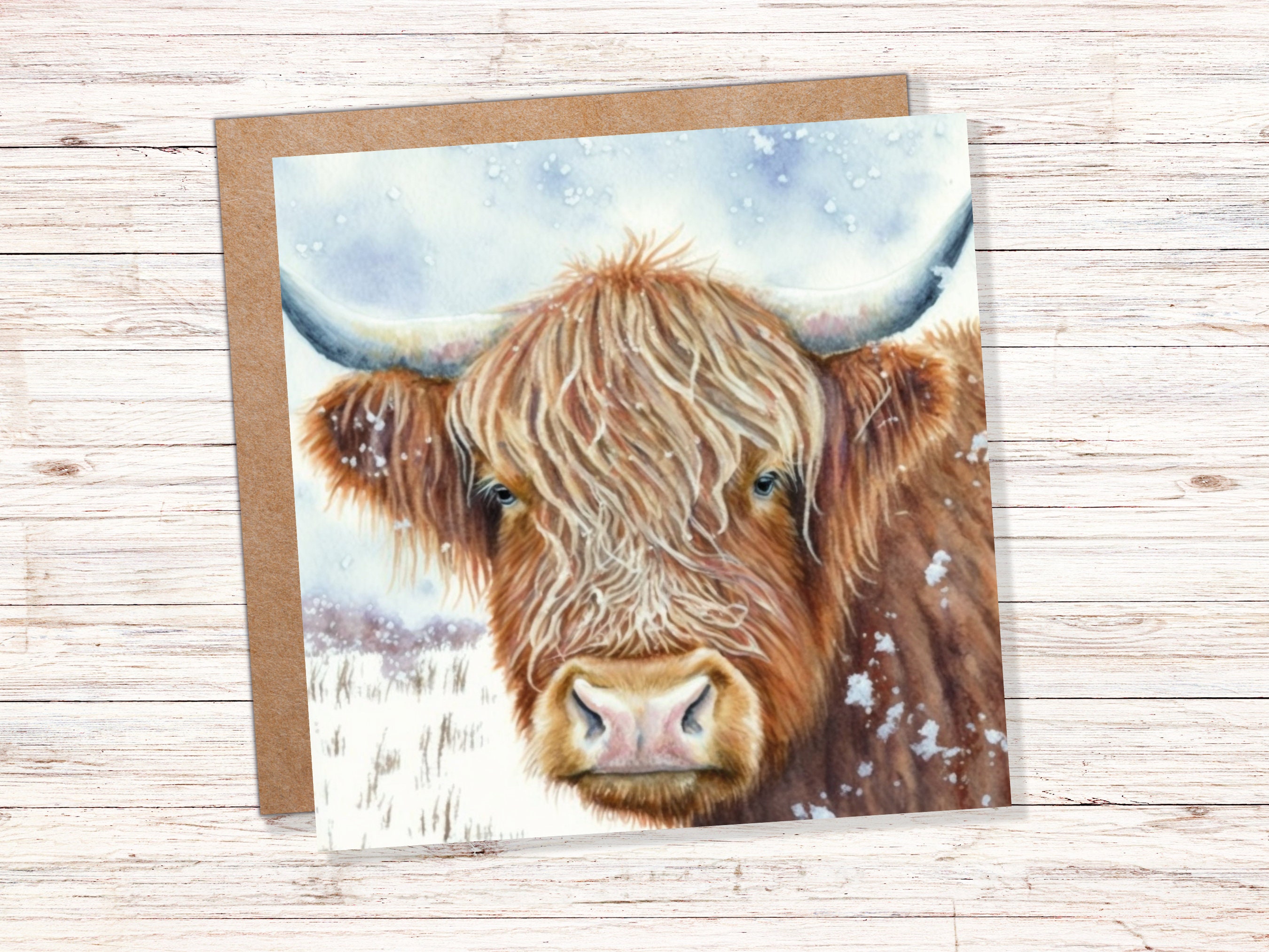 Highland Cow Greeting Card Scottish Highlands Watercolour Winter Snow Scene Snowy Scenery Painting Coo Cards For Family Friends Christmas 23