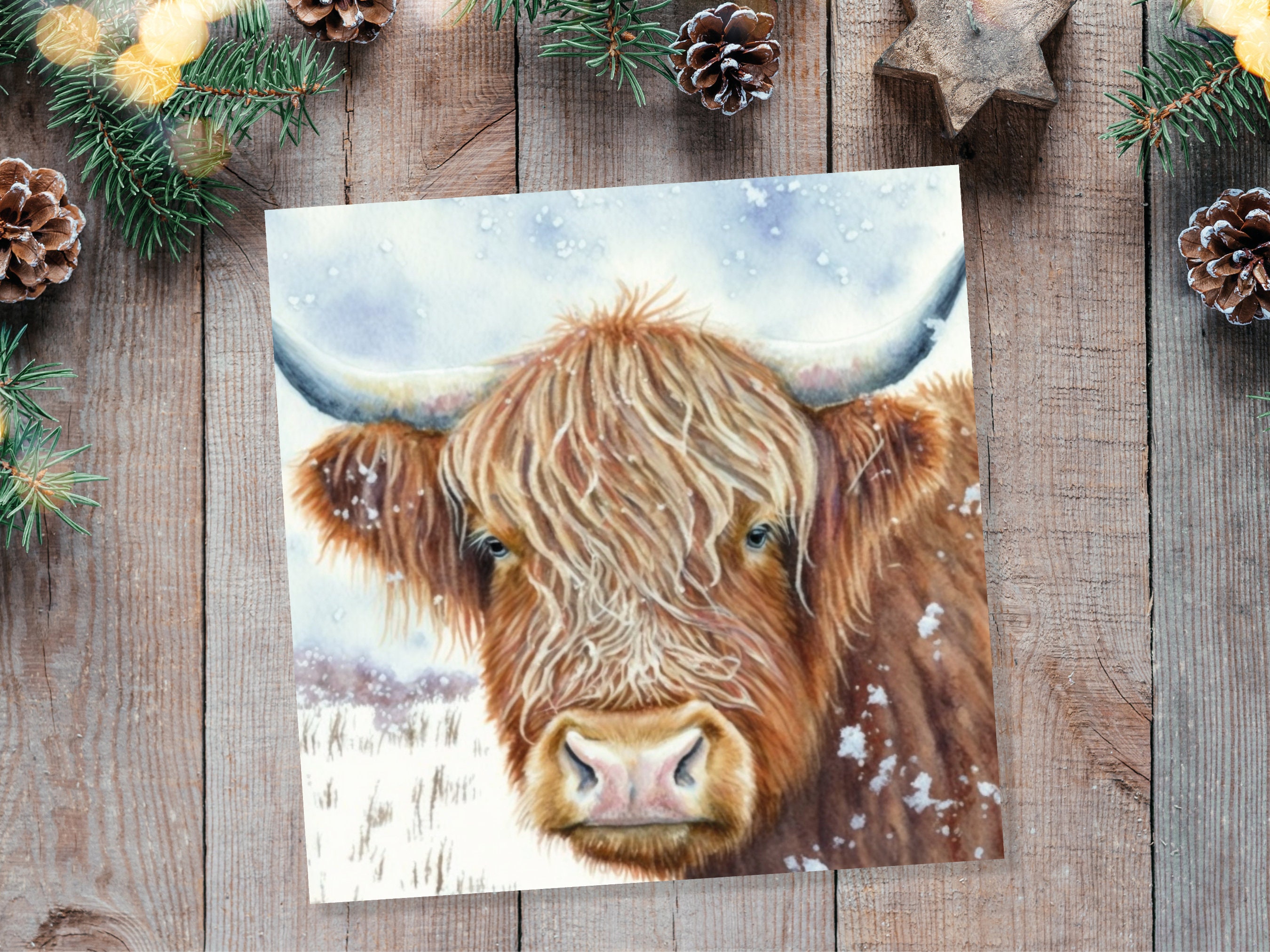 Highland Cow Greeting Card Scottish Highlands Watercolour Winter Snow Scene Snowy Scenery Painting Coo Cards For Family Friends Christmas 23 - View 2