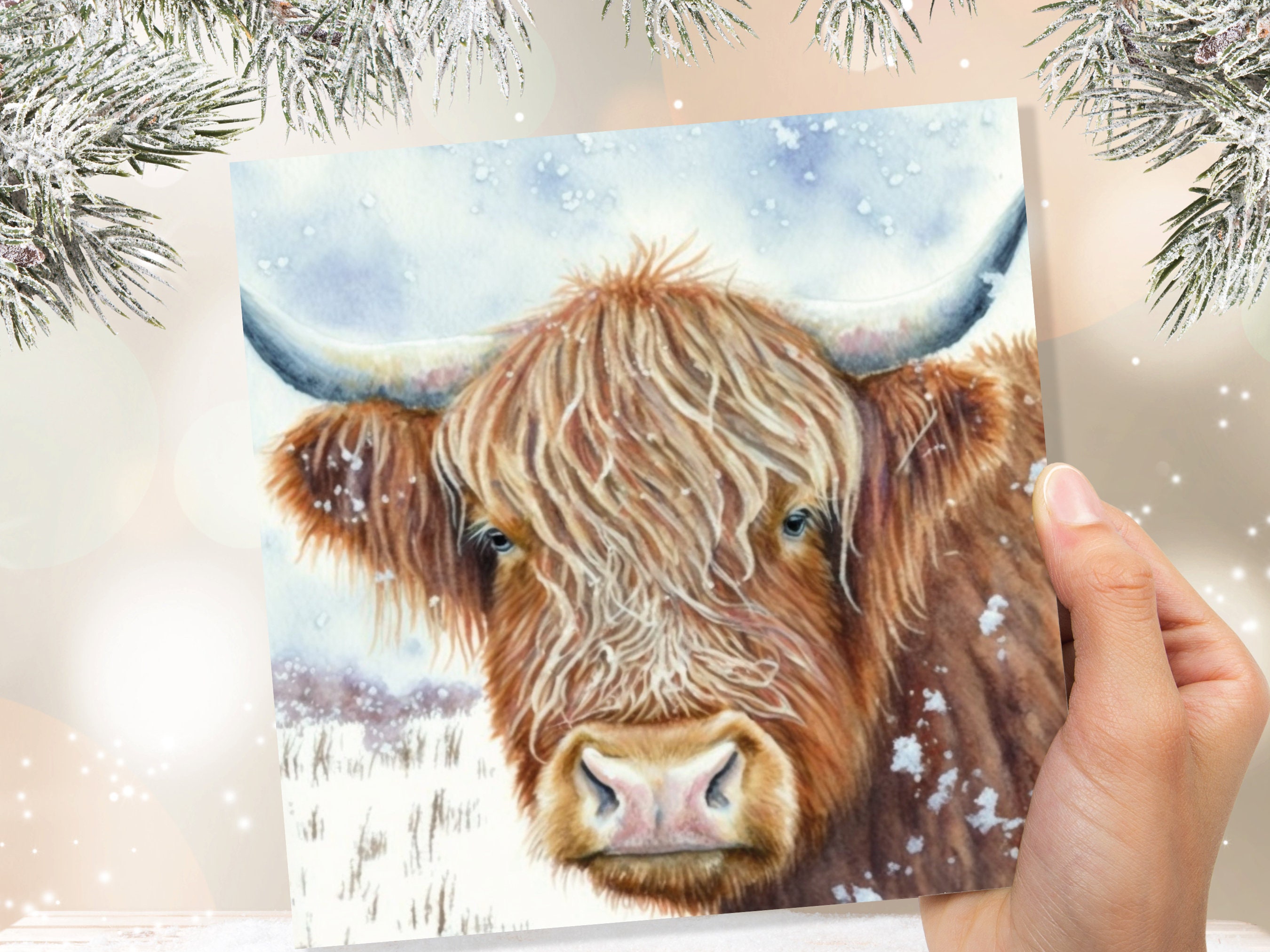 Highland Cow Greeting Card Scottish Highlands Watercolour Winter Snow Scene Snowy Scenery Painting Coo Cards For Family Friends Christmas 23 - View 3