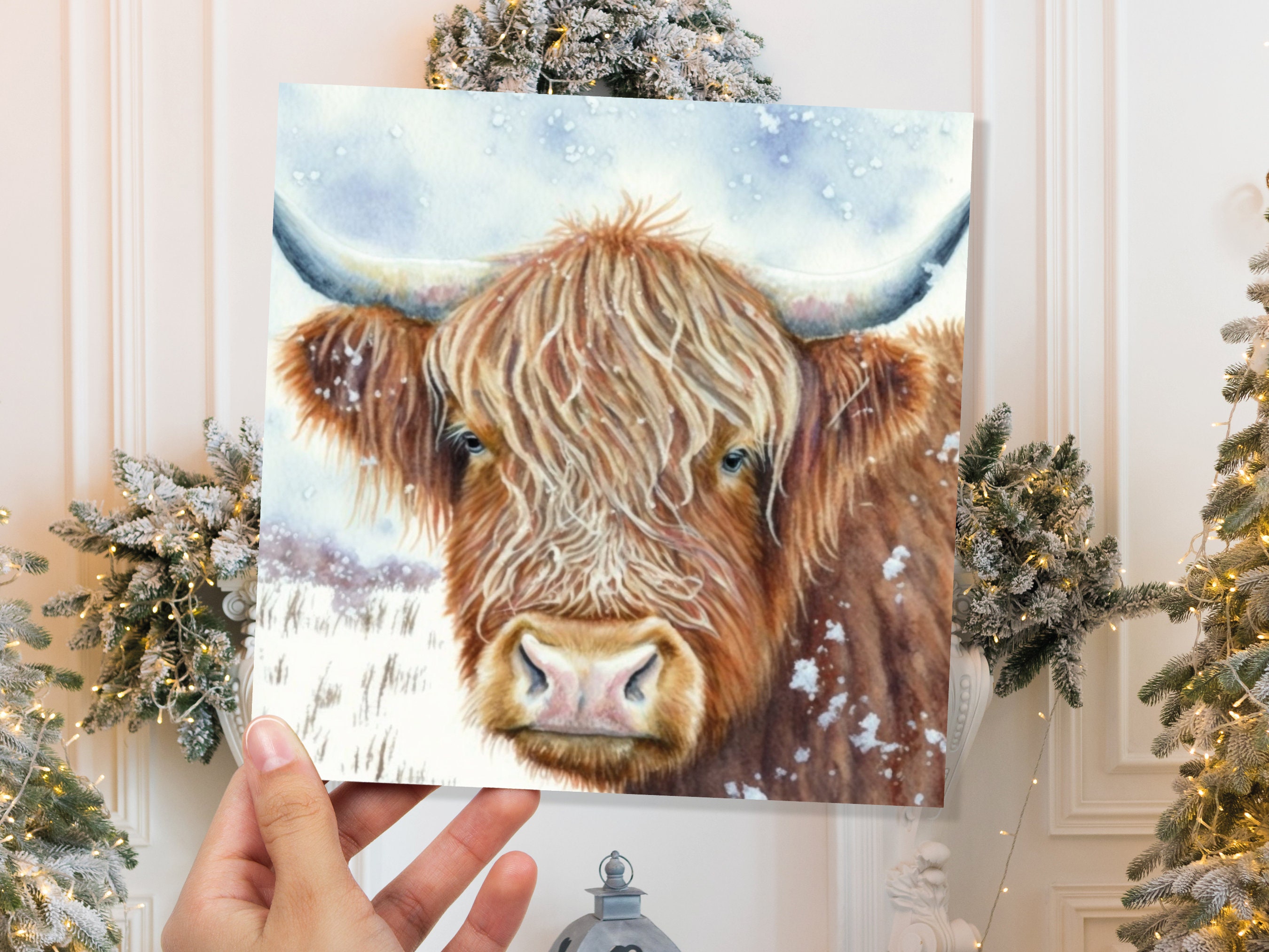 Highland Cow Greeting Card Scottish Highlands Watercolour Winter Snow Scene Snowy Scenery Painting Coo Cards For Family Friends Christmas 23 - View 4