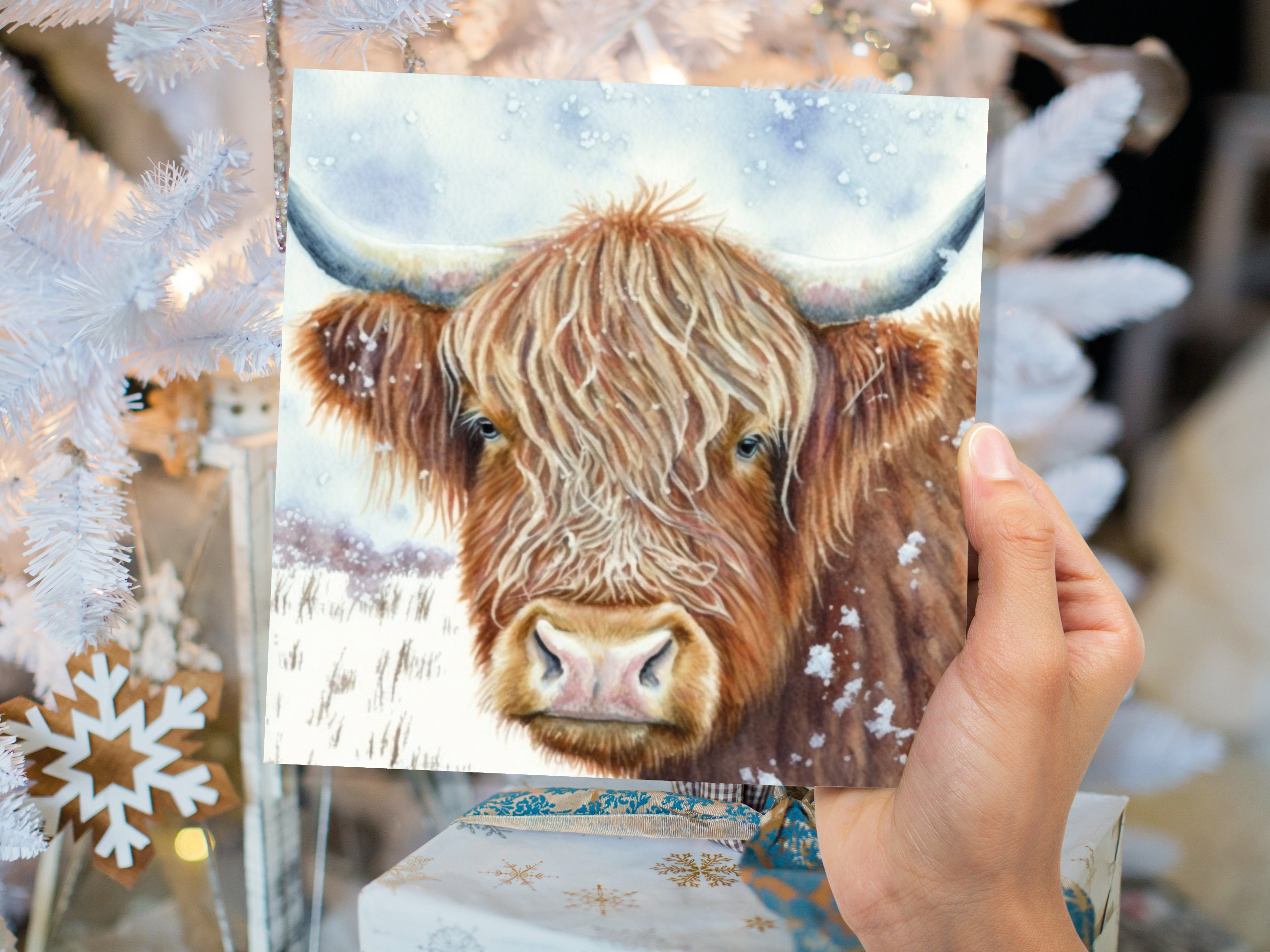 Highland Cow Greeting Card Scottish Highlands Watercolour Winter Snow Scene Snowy Scenery Painting Coo Cards For Family Friends Christmas 23 - View 5