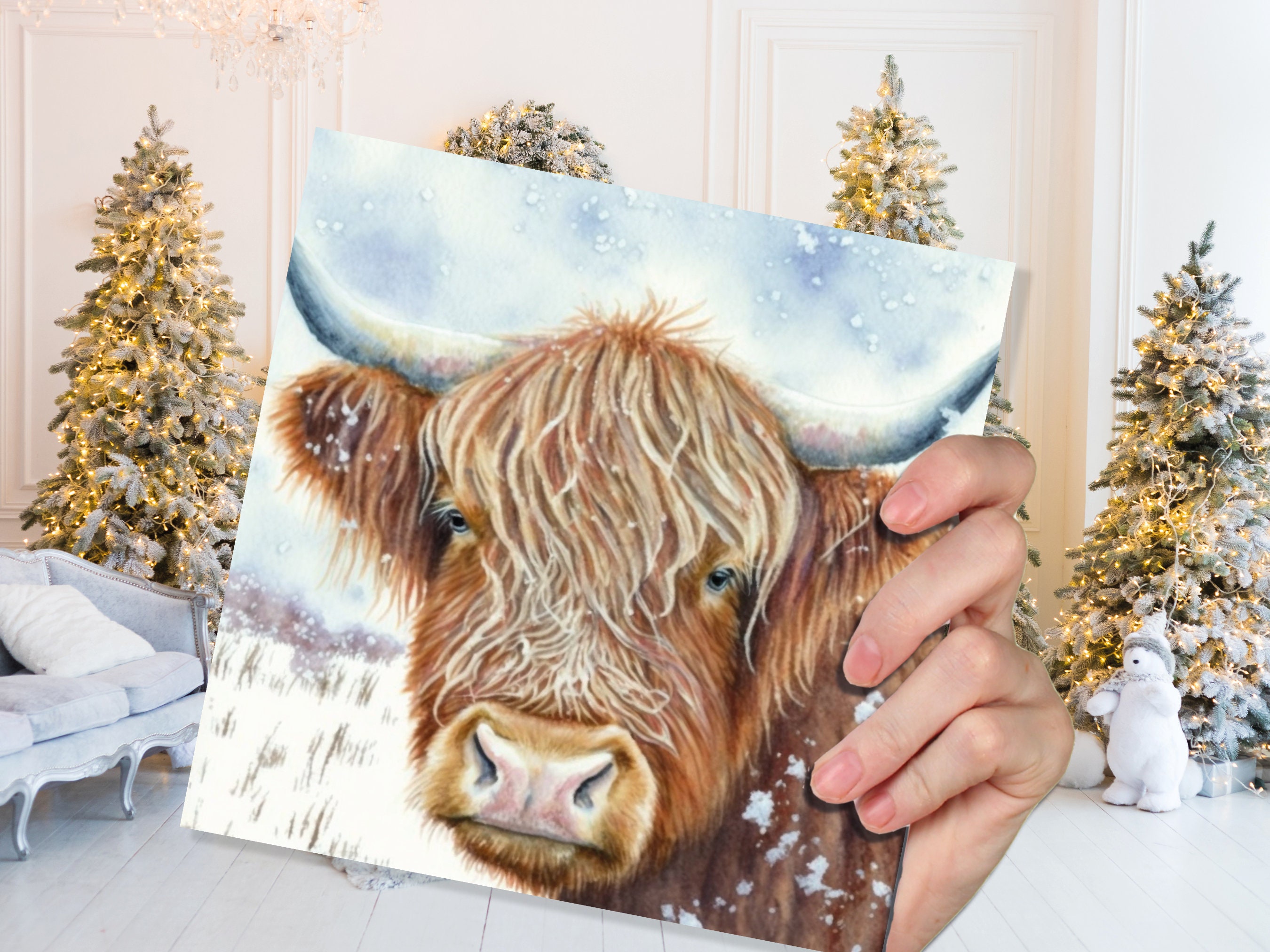 Highland Cow Greeting Card Scottish Highlands Watercolour Winter Snow Scene Snowy Scenery Painting Coo Cards For Family Friends Christmas 23 - View 6