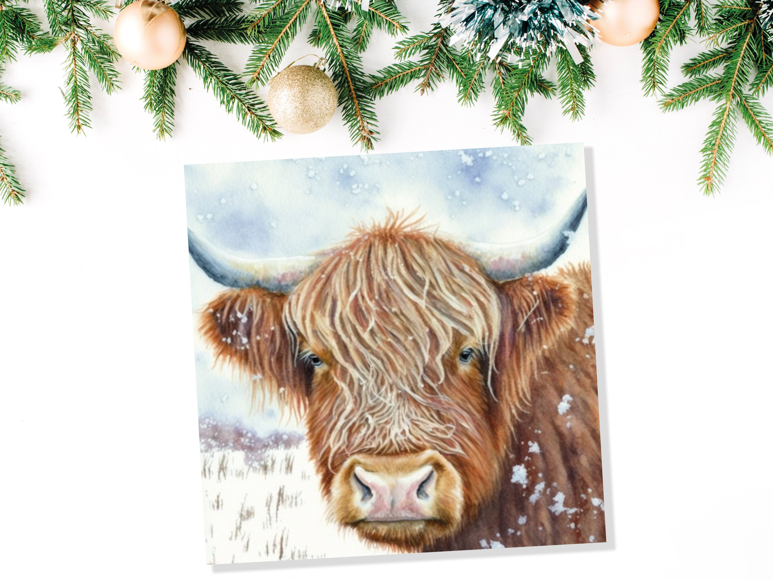 Highland Cow Greeting Card Scottish Highlands Watercolour Winter Snow Scene Snowy Scenery Painting Coo Cards For Family Friends Christmas 23 - View 7