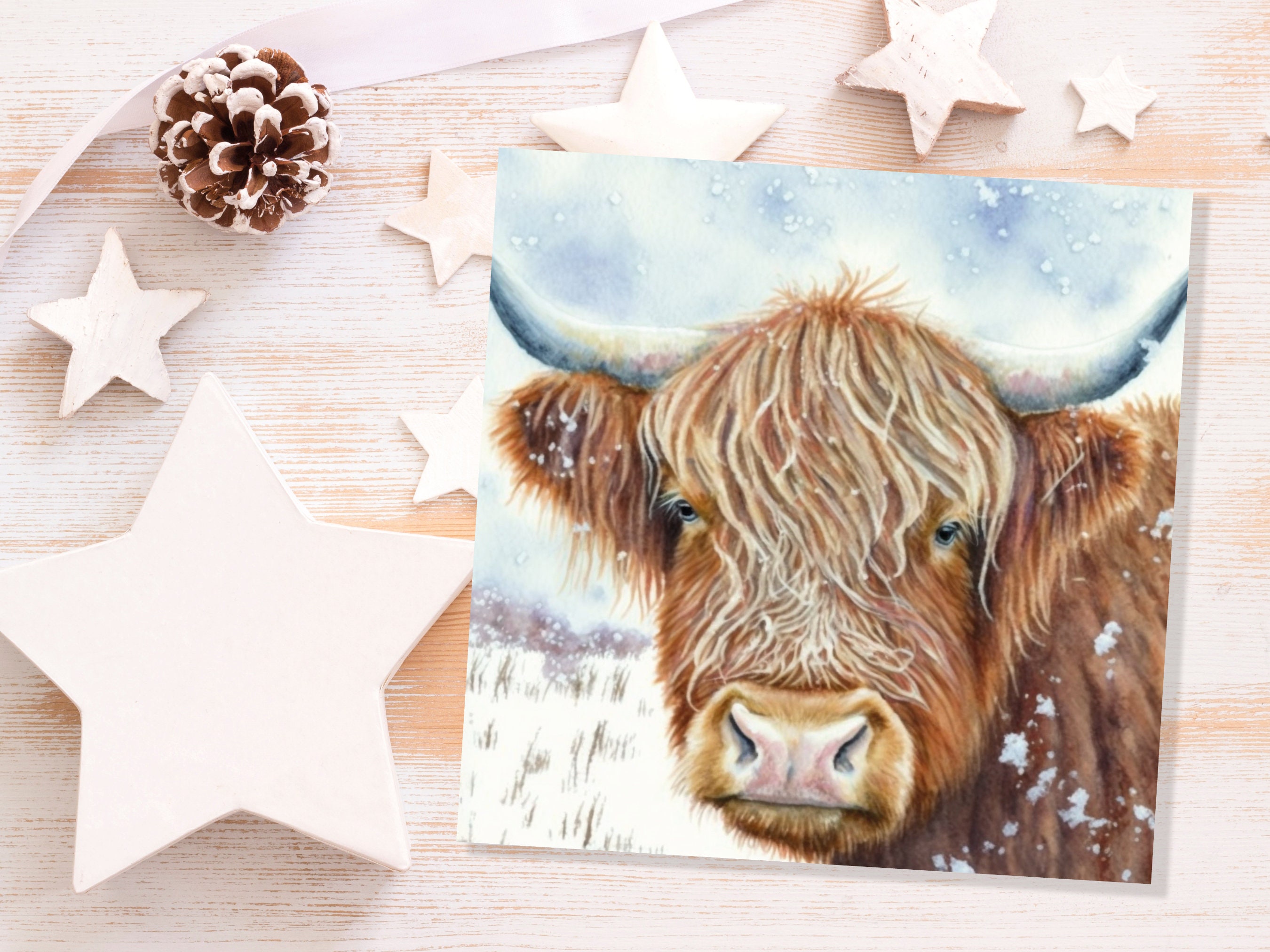 Highland Cow Greeting Card Scottish Highlands Watercolour Winter Snow Scene Snowy Scenery Painting Coo Cards For Family Friends Christmas 23 - View 8