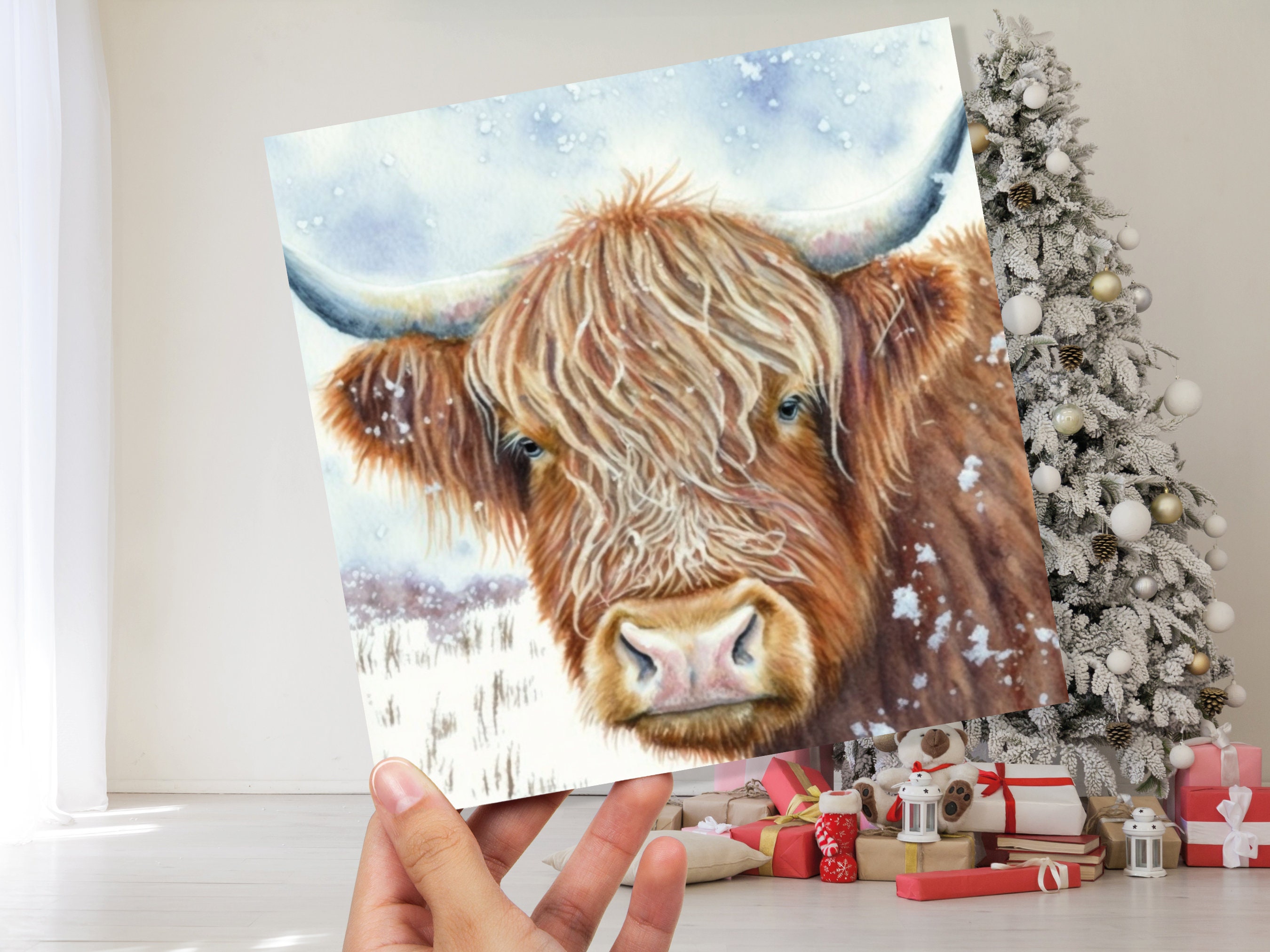 Highland Cow Greeting Card Scottish Highlands Watercolour Winter Snow Scene Snowy Scenery Painting Coo Cards For Family Friends Christmas 23 - View 9